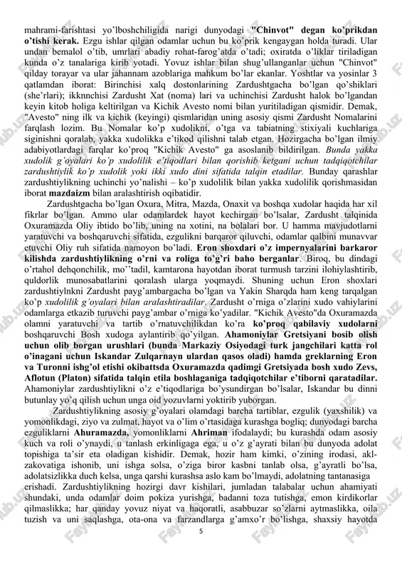rlarning markazida turgan. angliyadagi oksford universitetining professori maks myuller pomir atrofida yashagan oriy qabilalarining bir kismi bundan 3,5 ming yil muqaddam hindistonga, bir qismi evropa va eronga ko’chib ketganini ta’kidlagan. ular albatta o’zlari bilan birga shu yerdagi osori-atiqalarni (mifologiya) ni ham olib ketishgan, deb hisoblagan. demak, evropa va hindistonga hamda yakin va o’rta sharqda tarqalgan ko’p xudolik asoslari avvalo markaziy osiyoda vujudga kelgan shu bilan birga zardusht asos solgan yakka xudolik dini ham boshqa joyda yashayotgan xalqlar e’tiborini o’ziga jalb etgan. zardushtiylikning muqaddas yozuvlar to’plami "avesto" mintaqada iskandar asos solgan hokimiyat tugagach, eramizgacha bo’lgan 250-yillarda arshohiylar sulolasi hukmronligi davrida yana tiklana boshlagan; u yangi matnlar bilan to’ldirilgan. sosoniylar sulolasi hokimiyati davrida (milodning iii-vii asrlari) zardo’shtiylik davlat dini maqomini olgach, bu ish nihoyasiga etkazilgan. ya’ni «kichik avesto» ham yozma tus olgan. "avesto"ning’ uchta kitobi (bobi) qadimgi turon tilida va bittasi paxlaviy tilida tiklaigan. xozirgi ma’lumotlarga ko’ra «avesto» yasna, yasht, visparad, kichik …