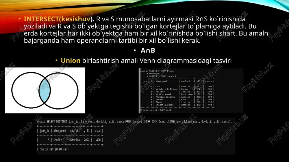 e34.png image1.png ‘sql> select *from drama having cassa select janr_id as ‘1 tadan kop kino ishlab chiqaradigan kinolar id lari‘ , count(kino_nomi) as ‘kino soni —_ + | 1 tadan kop kino ishlab chigaradigan kinolar id lari | kino soni | from drama group by janr_id having count(kino_nomi)>=1; = i 1] i 2) i 3 | i 4] i 5 | a 5 rows in set (@.0@ sec) rrerrer soo sql> select * from drama union select * from jangari; = | janr_id | | 1 | ota | amerika | | 2 | yashirin_kelishuv | korea | | 3 | amistad | italiya | | 4 | vijdon_azobi | hindiston | | 1 | angliya_qulashi | angliya | | 2 | panama | kuba | | 3 | akula | italiya | | 4 | shiddtli_qasos | | a 8 rows in set (0.01 sec) & | yili | …