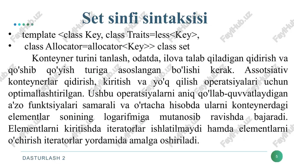 iy iteratorni qaytaradi. const_iterator cend() const; auto i1 = container.end(); // i1 is container ::iterator auto i2 = container.cend(); // i2 is container ::const_iterator dasturlash 2 clear() funksiyasi 15 dasturlash 2 clear() funksiyasi 16 dasturlash 2 count() funksiyasi 17 dasturlash 2 crbegin() funksiyasi 18 dasturlash 2 19 dasturlash 2 emplace_hint() funksiyasi 20 dasturlash 2 emplace_hint() funksiyasi 21 dasturlash 2 22 dasturlash 2 23 dasturlash 2 key_comp() funksiyasi 24 to'plamdagi elementlarni tartibga solish uchun ishlatiladigan taqqoslash obyektining nusxasini oladi. bool-operator () (key const & _xval, key const &_yval); esda tutingki, key_compare va value_compare ikkalasi ham traits shablonlari parametrining sinonimidir. ikkala turi ham bir xil bo'lgan to'siq va multiset sinflari uchun taqdim etiladi, ular map da va multimap sinflarida mosligi uchun farq qiladi. dasturlash 2 multiset sinfi 25 multiset - bir xil kalitlar bilan ishlovchi turlar va funksiyalarga ega konteynerdir. set sinfida mavjud barcha barcha funksiyalar multimap sinfi uchun ham qo’llaniladi. faqat …