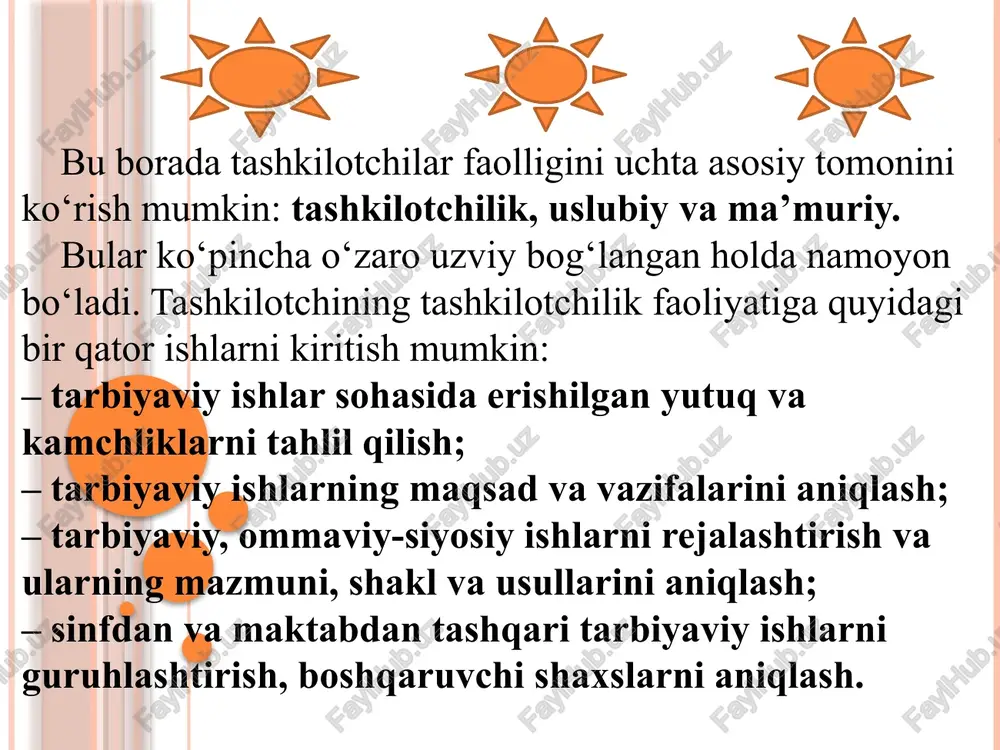 an, buning uchun harakat usullarini to'g'ri tanlashdan, o'z hatti-harakatlariga rahbarlikni faoliyatini nazorat qilishdan, mustaqil ish ko'nikmalarini boshqa muhim xayotiy vaziyatlarga o'tkazishdan kelib chiqishdan lozim ekanligini nazarda tutish lozim. bunda mustaqillik mazmuniga fikrlash faoliyatining mustaqilligi, intizom, uyushqoqlik va o'z-o'zini nazorat qilish kabi to'rt tarkibiy qismi kirishini hisobga olish muhimdir. e’tiboringiz uchun rahmat! e’tiboringiz uchun rahmat! image2.jpeg image3.jpg