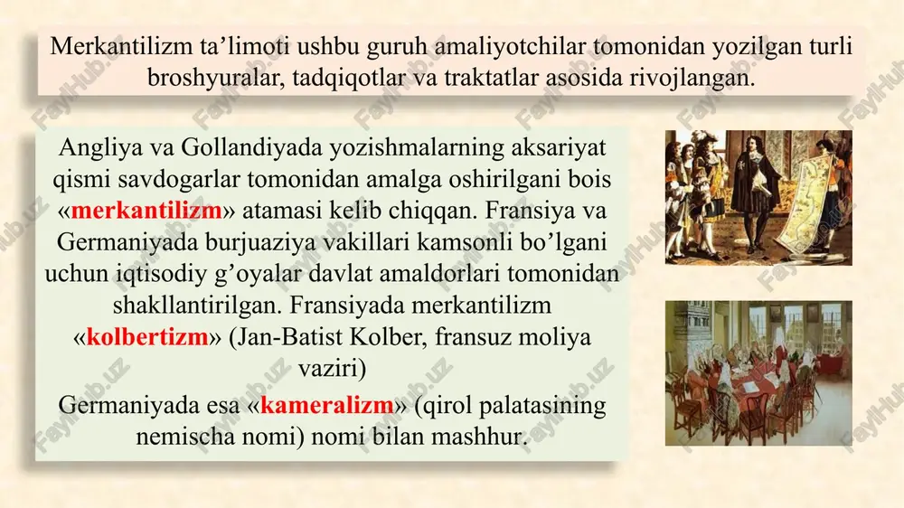 mportni taqiqlash. 2. chaqalarni ishdan chiqarish. tanga qadrini pasaytirish. 3. pullar va qimmatbaho metallardan yasalgan buyumlarni olib chiqish taqiqlangan. masalan, angliyada 1543-1551 yillarda tangalar tarkibida kumush ulushi 37/40 nisbatdan ¼ nisbatgacha pasaytirilgan. rivojlangan merkantilizm (savdo balansi siyosati)ga oʼtish shart-sharoitlari monetarizmni “nol summa”dan oʼyin boshlash strategiyasiga oʼxshatish mumkin. bir mamlakatning boyishi albatta boshqa mamlakatning qashshoqlashi hisobiga yuz beradi. ushbu strategiya iqtisodiy oʼsish surʼati nolga yaqin, anʼanaviy iqtisodiyotga asoslanadi. angliya sanoat siyosati milliy boylikni ichki resurslar hisobidan uzoq muddatli davrda koʼpaytirish yoʼliga oʼtdi. angliyada 1551-1651 yillarda koʼmir qazib chiqarish 14, temir 3, qoʼrgʼoshin, rux, tuz esa 6-8 martga koʼpaydi. 1. manufaktura sanoatining rivojlanishi 2. manufakturaning jadal surʼatlarda rivojlanishi rivojlangan merkantilizm (savdo balansi siyosati)ga oʼtish shart-sharoitlari 1566-1609 yillarda gollandiyada, 1640-1660 yillarda angliyada islohotlar va burjuaziya inqiloblari amalga oshdi. sanoat va savdo faoliyati oʼzgarmas, deb hisoblanadigan agressiv feodal modeli tanazzulga yuz tutdi. 3. monetarizm siyosatining savdo rivojiga toʼsqinlik qila boshlashi (chunki monetarizm asosini cheklovchi …