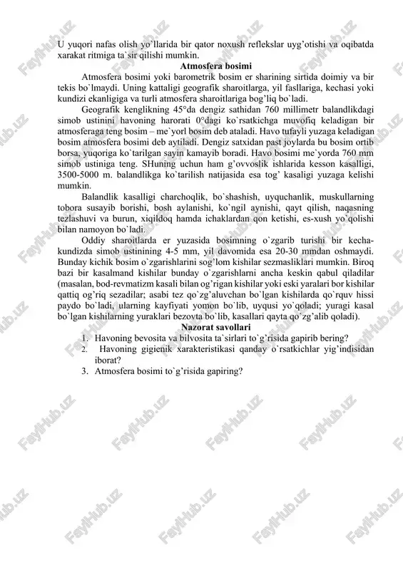 ir. havo massalari bosim yuqori bo`lgan tomondan bosim past tomonga qarab yuradi. shamol kuchiga bofort shkalasi bo`yicha taxminiy baho beriladi (jadval). jadval shamolning tezlgi va kuchini baholash (bafort shkalaci) bofort ballari shamol tezligi m/sek shamol xarakteris-tikasi shamol ta`siri 0 0-0,5 shtil’ (sukunat) mutlaqo shamol yo`q. trubalardan tutun tik yuqoriga ko`tariladi. 1 0,6-1,7 sekin shamol trubalardan tutun uncha tik ko`tarilmaydi. 2 1,8-3,3 engil shamol shamol esayotgani yuzga seziladi. barglar shitirlaydi. 3 3,4-5,2 kuchsiz shamol barglar va mayda novdalar qimirlab turadi. engil bayroqlar xilpiraydi. 4 5,3-7,4 o`rtacha shamol daraxtlarning ingichka shoxlari qimirlab turadi. chang va qog’oz parchalarini shamol uchiradi. 5 7,5-9,8 sovuqqina shamol katta-katta shoxlar qimirlab turadi. suvda to`lqinlar paydo bo`ladi. 6 9,9-12,4 kuchli shamol yo`g’on shoxlar qimirlaydi. telefon simlari guvillaydi. 7 12,5-15,2 qattiq shamol kichikroq daraxt tanalari tebranib turadi.dengizda ko`piklanadigan to`lqinlar paydo bo`ladi. 8 15,3-18,2 juda qattiq shamol daraxt shoxlari sinib tushadi.shamol qarshisiga yurish qiyin bo`ladi. 9 18,3-21,5 dovul bir oz …