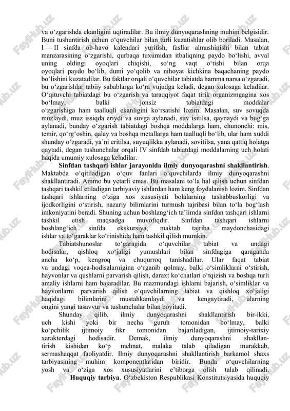 xalq og‘zaki ijodi — naql va afsonalarda gavdalantirilgan ijtimoiy ongning asosiy shaklidir. mifologik dunyoqarash ilm-fan taraqqiy etmagan vaziyatda keng tarqalgan ijtimoiy ongning shakli bo‘lib, uning kelib chiqish sababining asosini insonning o‘zini qurshab turgan olamdan ajralib qarashga ojizligi tashkil etadi. shuning uchun ham mifologik dunyoqarashda jamiyat bilan tabiat, jonli bilan jonsiz narsalar bir xil tarzda ifodalanadi. diniy dunyoqarashning o‘ziga xos xususiyati shundaki, u tabiiy va ijtimoiy hodisalar mohiyatini ularning o‘zidan emas, balki xudoning qudrati bilan tushuntiradi. u hamma narsada va har qayerda ilohiy kuchlarning ta’siri, mo‘jizaviy kuchi bor, deb uqtiradi. diniy dunyoqarashning mohiyati dindorlar uchun muqaddas bo‘lib hisoblangan adabiyotlarda o‘z aksini topgan. falsafiy dunyoqarash — bu olam haqidagi yaxlit va sistemalashtirilgan bilimlar yig‘indisidir. mifologik va diniy dunyoqarash hissiy a’zolarimiz orqali erishilgan ma’lumotlar asosida shakllansa, falsafiy dunyoqarash hissiy va aqliy a’zolarimiz tufayli ilm-fan yordamida to‘plangan bilimlar yig‘indisidir. ta’lim jarayonida ilmiy dunyoqarashni shakllantirish. yosh avlodda ilmiy dunyoqarashni shakllantirish hamma davrlarda millatning ilg‘or kishilari …