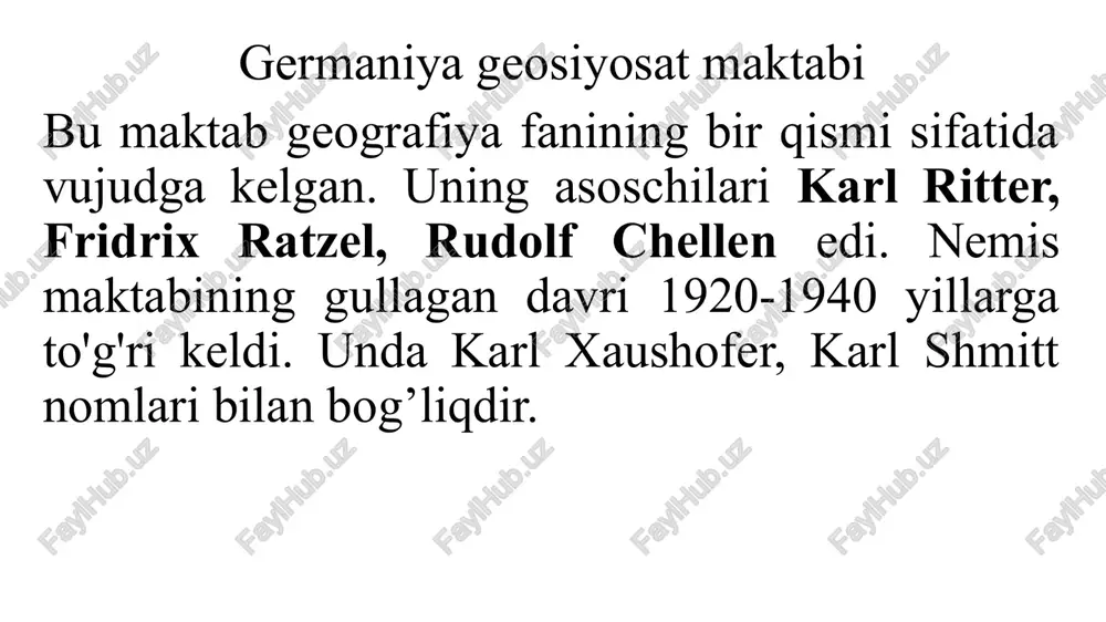 ransiya va angliya singari imperiya bo‘lishi kerakligiga ishonch hosil qilgan. ratzelning so'zlariga ko'ra, germaniya keng ta'sir va hukmronlik maydoniga ega bo'lishi kerak. “kuchli kuch jahon davlati bo‘lishi uchun, – deb yozadi u, – ma’lum bo‘lgan makonlarning barcha qismlarida, xususan, barcha strategik nuqtalarda namoyon bo‘lishi kerak”. dunyoning bo'linishiga kech bo'lgan germaniya o'z chegaralarida bo'g'ilib qoldi. yer, resurslar va bozorlarning yetishmasligi nemislar uchun muammoga aylandi. 1871-yilda fransiya ustidan qozonilgan gʻalaba tufayli yuzaga kelgan eyforiyadan keyingi 1873-yildagi iqtisodiy inqiroz germaniyaning hududiy daʼvolarining kuchayishiga xizmat qildi. vilgelm ii (1888) va bismark iste'foga chiqqanidan keyin (1890), nemislarning hududiy ishtahalarini boshqa hech narsa to'xtata olmadi. germaniya chet eldagi bir nechta mulk bilan kifoyalanmoqchi emas edi: bismark davrida sotib olingan janubi-sharqiy afrika, togo, kamerun to'liq mustamlaka imperiyasiga da'vo qiladi. ratzel uchun davlat yer yuzidagi odamlar uchun hayot shakli, odamlar bilan birga yerning barcha qit'alari va orollariga tarqaladigan tirik organizmdir. davlatlarning yashashi va rivojlanishi sharti ular mavjud bo'lgan …