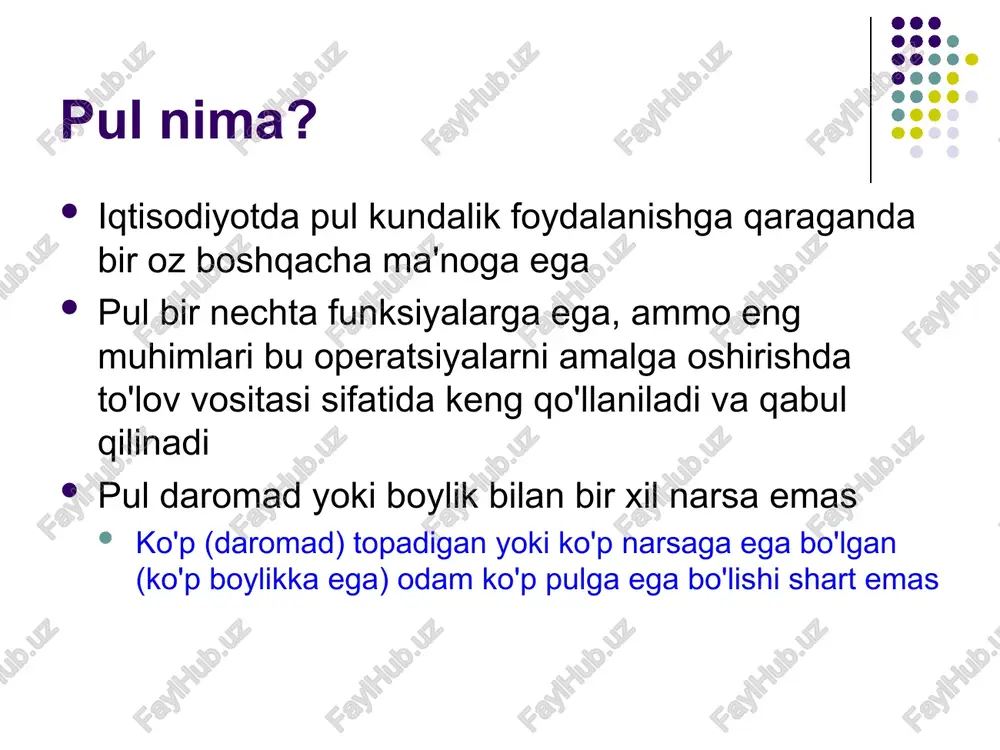 m ega. ular kreditlar bera borib, to’lov vositalari emissiyasini yoki kredit multiplikatsiyasini amalga oshiradi ochiq bozor operatsiyalari agar markaziy bank pul emissiya qilib undan jamoat a'zosiga tegishli bo'lgan davlat obligatsiyasini sotib olish uchun foydalansa, pul massasi ko'payadi (chunki jamoat a'zosi pulsiz aktivni pulga almashtiradi). aksincha, markaziy bankning obligatsiyalarni sotishi (ochiq bozorda sotish) pul taklifini kamaytiradi. markaziy bankning obligatsiyalarni sotib olish va sotish ochiq bozor operatsiyalari deb nomlanadi. pul taklifini nazorat qilish markaziy bank ochiq bozorda davlat qimmatli qog'ozlarini sotib olish va sotishni amalga oshirishi mumkinligi sababli, u pul massasini nazorat qiladi. ushbu nazorat nomukammaldir, chunki banklar va uy xo'jaliklari tomonidan qabul qilingan ba'zi qarorlar ochiq bozor operatsiyalariga oxir-oqibat pul massasiga qanday ta'sir qilishi nomalum. nazariy jihatdan, biz pul taklifini markaziy bank tomonidan o'zi xohlagan tarzda o'rnatishi mumkin bo'lgan o'zgaruvchi deb bilamiz aktivlar bozori muvozanati pul miqdorlar - turli xil aktivlarning "zaxiralari" belgilangan deb taxmin qilsak. aktivlar bozori har bir talab …