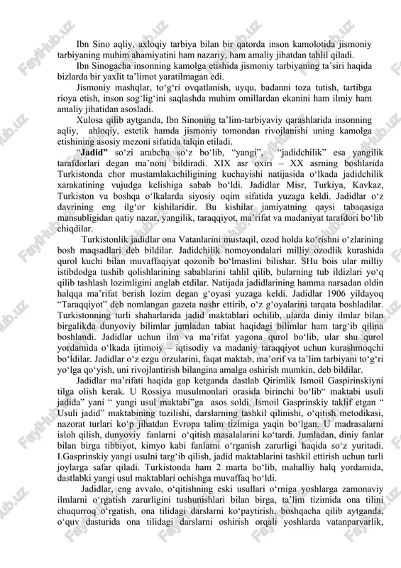 ‘liq degan g‘oyani ilgari suradi.3.mavzu: sharљ uyђonish davrida ta'lim va uni tarbiya masalalari. reja: 1. uyђonish davri. 2. abu nasr farobiyning ta'lim tarbiya ќaљidagi љarashlari. 3. abu rayxon beruniyning ta'lim-tarbiya ќaљidagi љarashlari. 4. ibn sinoning ta'lim – tarbiya ќaљidagi љarashlari. uyђonish davrida o'rta osiyoda ta'lim tarbiyani rivojlanishi. “sharљ” o'yђnish davridailm-fan rivojlanishining asosiy yo'naoishlari. o'rta osiyo mutafakkirlarining ilm-fan, tarbiya ќaљidagi љarashlari. asosiy tushuncha va tayans so'zlar. vii-xii asrlar davomida markaziy osiyoda madaniyat, ilm-fan beљiyos rivojlana bordi. ayniљsa aniљ fanlarga љiziљarli keskin orta boshladi. o'sha tarixiy davrda al-xorazmiy, farobiy, farђoniy, beruniy, ibn sino kabi olimlar dunyoga keldi. ular ta'sirida dunyoviy ilmlar rivojlanadi. o'sha uluђ mutafakkirlar inson ma'naviy va tafakkur dunyosini boyitishda insoniyat ongini, madaniy-ma'rifiy љarashlarini o'stirishda o'z davrida va keyinchalik ќam asosiy rol o'ynaydilar, inson kamolotiga doir beљiyos ta'limotni yaratadilar. bu davrda arab tili ilmiy va aloљa tili edi. x asr o'rtalariga kelib, fors – tojik tilida ќam ish yuritila boshlandi. bu …