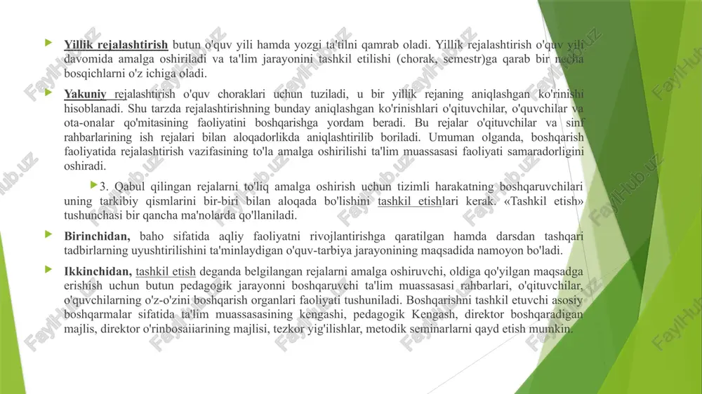 azoratining quyidagi yo'nalishlarda tashkil etilishi bayon etilgan: pedagogik tashkilotchilikka doir savollarning qo'yilishi. ta'lim dasturlari, dtsning bajarilish sifati. o'quvchilarning bilim, ko'nikma va malakalarining sifati. o'quvchilarning tarbiyalanganlik darajasi. 5. o'qitishning ta'limiy, tarbiyaviy va rivojlantiruvchi funksiyalarining bajarilish holati. darsdan tashqari tarbiya ishlarining tashkil etilish holati va sifati. pedagogik kadrlar bilan ishlash. ta'lim muassasasi faoliyatining o'ziga xos samaradorligi. 9. qabul qilingan qarorlar va me'yoriy-huquqiy hujjatlarda ko'rsatilgan talablarning bajarilishi. pedagogik kengash ta’lim muassasasi jamoasining yuqori boshqaruv organi hisoblanadi. pedagogik kengashning asosiy vazifalariga quyidagilar kiradi: - ta’lim muassasasining tayyorlangan muhim hujjatlarini muhokamadan o’tkazadi, tasdiqlaydi va bajarilishini nazorat qiladi; - ta’lim muassasasining maqsad va vazifalaridan kelib chiqqan holda uni rivojlantirishning istiqbolli yo’nalishlarini belgilaydi; - ta’lim muassasasida o’quv-tarbiya jarayonini tashkil etish va ta’lim samaradorligini oshirishda maqbul shart-sharoitlar yaratishga qaratilgan qarorlarni qabul qiladi; - ta’lim muassasasi boshqaruv tizimini takomillashtirish bo’yicha yo’l-yo’riqlarni ishlab chiqadi; - pedagogik jamoaning ma’lum yo’nalishlardagi faoliyatini tahlil qiladi va yakuniy xulosa chiqaradi; - ta’lim muassasasi pedagogik …