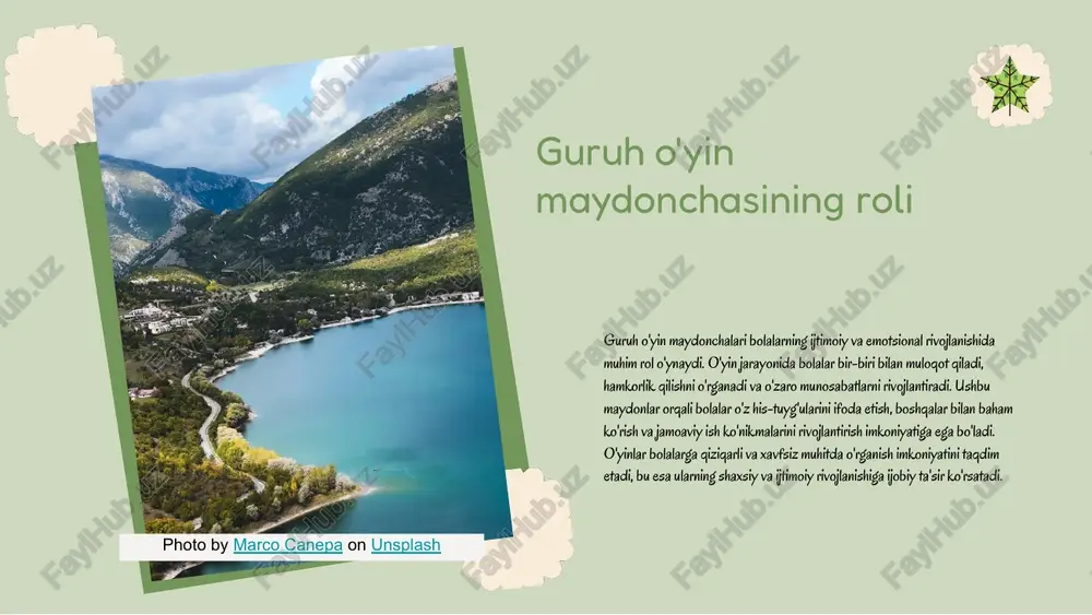 nchasida bolalar faoliyati o'yin maydonchalari bolalar uchun juda muhim faoliyat joyidir. ushbu joylarda bolalar quvurlar, to'siqlar va boshqa o'yin elementlari bilan o'ynab, o'z ijodkorliklarini rivojlantiradilar. ular shuningdek, to'p o'yinlari, jamoaviy o'yinlar va ijodiy ishlar bilan shug'ullanish orqali ijtimoiy ko'nikmalarni rivojlantiradilar. bolalar birgalikda o'ynashganda, ular do'stlik, hamkorlik va jamoa ishini o'rganadilar, bu esa ularning ijtimoiy rivojlanishi uchun juda muhimdir. jamoaviy faoliyatlar bolalar o'rtasida muloqotni, muammolarni hal qilishni va qaror qabul qilishni oshiradi. photo by marco canepa on unsplash o'yin maydonchasida o'yinlar turlari bola bog'chasida o'yinlar turli xil bo'lib, ular bolalarning rivojlanishiga katta ta'sir ko'rsatadi. o'yinlar asosan ikki turga bo'linadi: jismoniy o'yinlar va ijodiy o'yinlar. jismoniy o'yinlar bolalarning harakat qilish qobiliyatini oshiradi, sog'liqni saqlaydi va do'stlikni mustahkamlaydi. ijodiy o'yinlar esa bolalarning tasavvurini rivojlantiradi, muammolarni hal qilishga yordam beradi va ijodiy fikrlashni rag'batlantiradi. o'yin maydonchasida o'qitish metodlari o'z ichiga turli xil interaktiv yondashuvlarni oladi. bular orasida rol o'ynash, qo'llab-quvvatlanadigan o'yinlar va hamkorlikda faoliyatlar …