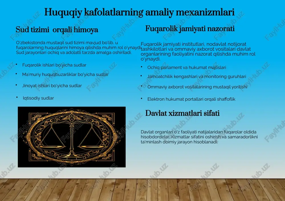 keladi. bu esa iqtisodiy o'sishni ta'minlaydi. huquqiy davlat qurilishi konstitutsiya asosida huquqiy davlat qurilmoqda – bu davlat qonunga bo'ysunadi, fuqarolarning huquqlari ustun turadi va adolat hamma uchun bir xil qo'llaniladi. sudlar mustaqil va xolisdir. demokratik va insonparvar jamiyat yangi o'zbekistonda inson manfaatlari birinchi o'rinda turadi. demokratik qadriyatlar mustahkamlanmoqda, fuqarolik jamiyati rivojlanmoqda va har bir inson o'z salohiyatini ro'yobga chiqarish imkoniyatiga ega. 9 konstitutsiya – har birimizning huquqiy himoyamiz huquqlarimizni bilish – burchimiz o'z konstitutsiyaviy huquqlarimizni bilish va ulardan to'g'ri foydalanish har birimizning burchi. bilimli fuqaro – kuchli jamiyatning asosi. birga kuchli jamiyat quramiz konstitutsiya bilan birga biz adolatli, erkin va farovon o'zbekistonni quramiz. har birimizning hissasi muhim va qadrlidir. siz – davlatning haqiqiy egasisiz! unutmang, xalq davlat hokimiyatining yagona manbai. sizning ovozingiz, ishtirokingiz va faol fuqarolik pozitsiyangiz mamlakatimizning kelajagini belgilaydi. konstitutsiyamiz – bu nafaqat qog'oz ustidagi so'zlar, balki har birimizning erkin va obod hayot kechirish huquqidir. keling, uni hurmat qilaylik, …