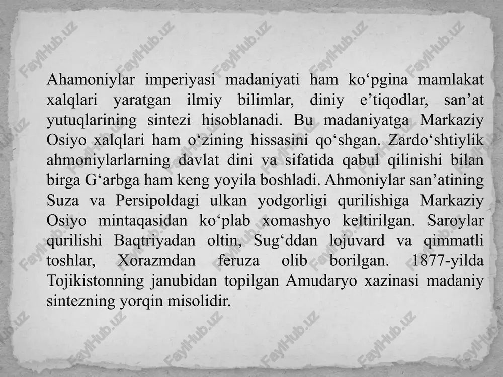 rlar atrofida deyiladi. avesto va uning boshqa matnlarining to‘planishi ko‘p asrlar davomida amalga oshirilgan. avestoning eng qadimgi matnlari mil.avv. ii minginchi-yillarga taalluqli. avestoning millodiy vii asrga tegishli bo‘lgan to‘plami juda turlicha mazmundagi 21 kitobidan iborat bo‘lib, o‘sha davrning barcha bilimlari jamlangan. zardushtiylik an’analariga ko‘ra bu yodgorlik ezgulik va yorug‘lik xudosi axuramazdaning zaratushtra vaxiysi hisoblanadi. biroq unda qadimgi mifalogik tasavvurlar ham tasvirlanadi. shuningdek, diniy yo‘l-yo‘riq payg‘ambar davridan keyin zardushtiylikning rivojlangan e’tiqod ramzi yuzaga keldi. hozirgacha avestoning ayrim qismigina, faqat 4 kitobi saqlanib qolgan: 1. videvdat-«devlarga qarshi qonunlar», bu kitobda asosan zardo‘sht va axuramazada o‘rtasida suhbat, yo‘l-yo‘riq va ko‘rsatmalar mazmunida bo‘lib, zulmat va yovuzdik xudosi axrimanni boshqaruvchi yomonlik kuchlarini qaytarish haqida. 2. visprat-«hamma hukmdor», bu kitobda ibodat namozlari to‘plangan. 3. yasna-«ibodat», marosim kitobi xudolarga sig‘inish va murojatdan iborat. yasnadagi «got»lar nomli 17 bob zardo‘shtning muqaddas qo‘shiqlaridir. 4. yasht-«qadrlash», «hamdu-sano» kitobi xudolarni shara sifatida ko‘tariladi. yasna kitobidan zardushtiylikning e’tiqod ramzi haqida deyiladiki: «qasam, …