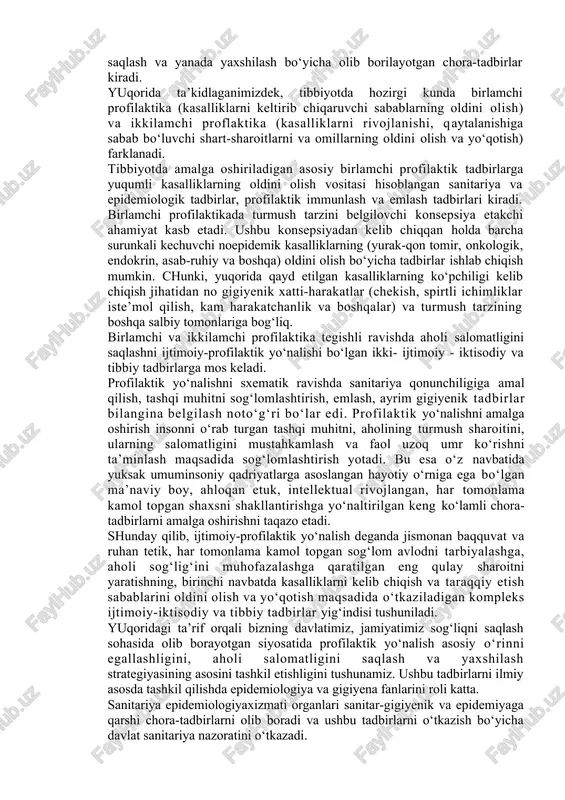 h sharoitini, mehnat, yashash, ovqatlanish, atrof-muhit holatini sog‘lomlashtirish, yanada yaxshilash bo‘yicha xalq-xo‘jaligi ob’ektlarida sanitariya nazoratini olib borish orqali umumjamiyat profilaktikasi bilan shug‘ullanadi. birlamchi profilaktika to‘g‘risida olimlarning fikrlari turlicha. bizning nazarimizda g.i.saregorodsevning birlamchi profilaktikaga bergan ta’rifi etarlicha asosga ega: "himoya vositasi sifatida kasallik boshlangandan so‘ng uning taraqqiy etishi, rivojlanishining oldini olish uchun qo‘llaniladigan, ya’ni ikkilamchi tibbiyot profilaktikasidan tashqari "hujumkor, ijtimoiy-gigiyenik" — birlamchi profilaktika mavjudki, bunday profilaktika aholining mehnat, turmush, dam olish, ovqatlanish prinsiplarini ilmiy asoslangan holda ishlab chiqadi va uni hayotga tadbiq etadi va u o‘z navbatida kasallikni kelib chiqishini oldini oladi. ushbu ta’rif birlamchi va ikkilamchi profilaktikaning chegaralarini aniq belgilab bersada, ammo g.i.saregorodsevning fikriga ham to‘liq qo‘shilib bo‘lmaydi, chunki muallif "tibbiyot" ni fakat ikkilamchi profilaktika bilan bog‘laydi. vaholanki, "gigiyenik", "ijtimoiy-gigiyenik" qirraga ega bo‘lgan birlamchi profilaktika ham tibbiy faoliyat jumlasiga kiradi va birlamchi profilaktikani amalga oshirishda davolash-profilaktika muassasalarining o‘rni katta. jumladan, ular sog‘lom shaxsning salomatligini muntazam kuzatib borish, sog‘lom turmush tarzi …