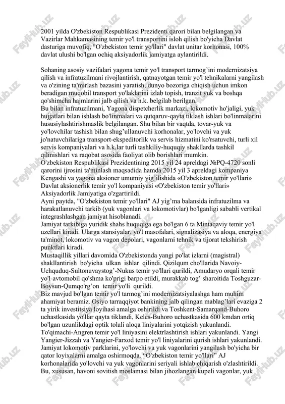 temir yo'llari» aksiyadorlik jamiyatiga o'zgartirildi. ayni paytda, "o'zbekiston temir yo'llari" aj yig’ma balansida infratuzilma va harakatlanuvchi tarkib (yuk vagonlari va lokomotivlar) bo'lganligi sababli vertikal integrashlashgan jamiyat hisoblanadi. jamiyat tarkibiga yuridik shahs huquqiga ega bo'lgan 6 ta mintaqaviy temir yo'l uzellari kiradi. ularga stansiyalar, yo'l masofalari, signalizasiya va aloqa, energiya ta'minot, lokomotiv va vagon depolari, vagonlarni tehnik va tijorat tekshirish punktlari kiradi. mustaqillik yillari davomida o'zbekistonda yangi po'lat izlarni (magistral) shakllantirish bo'yicha ulkan ishlar qilindi. qizilqum cho'llarida navoiy-uchquduq-sultonuvaystog’-nukus temir yo'llari qurildi, amudaryo orqali temir yo'l-avtomobil qo'shma ko'prigi barpo etildi, murakkab tog’ sharoitida toshguzar-boysun-qumqo'rg’on temir yo'li qurildi. biz mavjud bo'lgan temir yo'l tarmog’ini modernizatsiyalashga ham muhim ahamiyat beramiz. osiyo tarraqqiyot bankining jalb qilingan mablag’lari evaziga 2 ta yirik investitsiya loyihasi amalga oshirildi va toshkent-samarqand-buhoro uchastkasida yo'llar qayta tiklandi, keles-buhoro uchastkasida 600 kmdan ortiq bo'lgan uzunlikdagi optik tolali aloqa liniyalarini yotqizish yakunlandi. to'qimachi-angren temir yo'l liniyasini elektrlashtirish ishlari yakunlandi. yangi yangier-jizzah va yangier-farxod …
