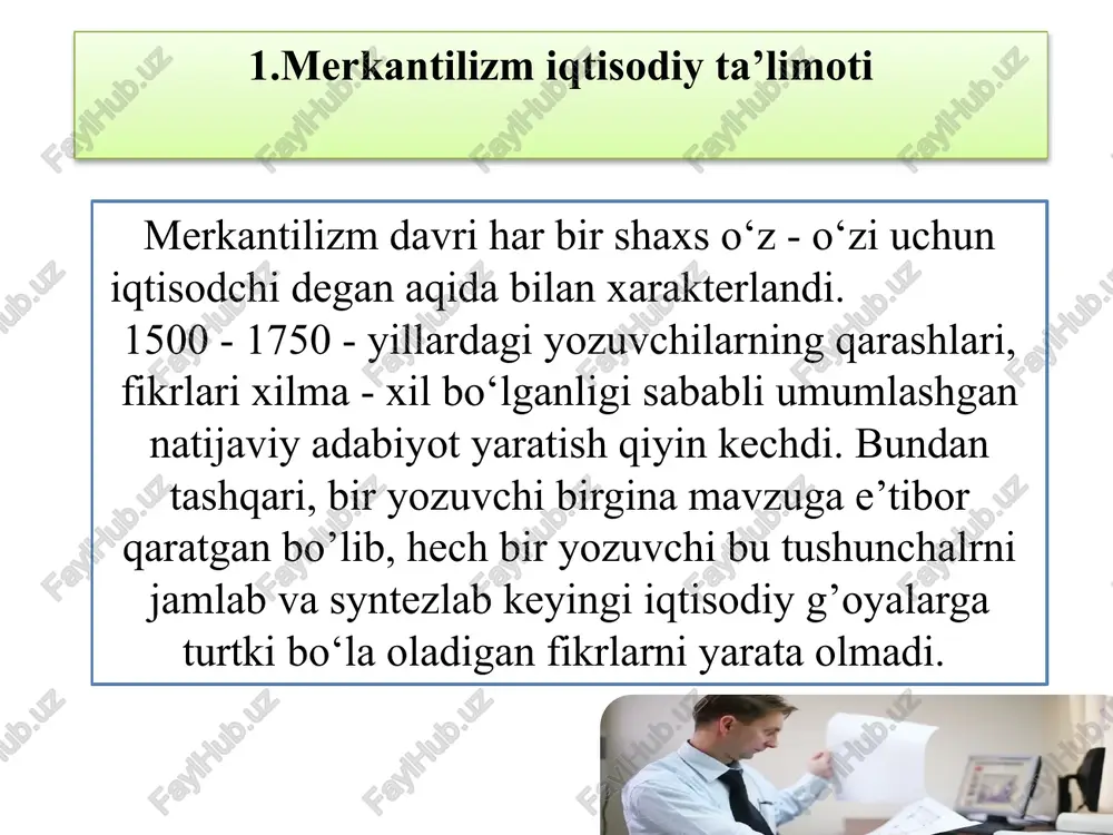 ganib, 1660-1776 yillar oralig’ida iqtisodiy tahlil ham miqdoran ham sifat jihatdan mukammallashganini aniqladilar. iqtisodiy tahlillar sifatining merkantilistlarning keying davridagi takomillashishi shunchalik nom chiqardiki, hatto bu davr ilmiy iqtisodiy nazariyaning asoslari shakllanayotgan o‘tish davri deb ham atala boshlandi. merkantilizmning nazariy xissasi 14 merkantilizmning nazariy xissasi keyingi merkantilistlar o‘zlaridan oldingi g’oyadoshlari yo‘l qo‘ygan xato va kamchiliklarini anglab yetishganini ko’ramiz. ular, masalan, pul boylik o’lchovi emasligini, barcha davlatlar bir vaqtning o’zida ijobiy savdo balansiga ega bolishi mumkin emasligini, uzoq vaqt mobaynida hech bir davlat ijobiy savdo balansini ushlab turishi mumkin emasligini, savdo har ikki davlatga ham foydali bo’lishi mumkinligini va ixtisoslashuv va mehnat taqsimoti davlatlarga ustunlik keltirishi mumkinligini tushunishgan. davlatning iqtisodiyotga aralashishini kamaytirishni taklif etgan olimlar soni tobora oshib borar edi. shu tariqa ko’pgina adabiyotlarda klassik liberalizm g’oyalari boshlanayotgan edi. 15 3.iqtisodiy ta’limotlar tarixi fanining predmeti va o’rganish uslublari biroq hech bir klassiklardan oldingi yozuvchi bozor iqtisodiyoti ishashini, ya’ni narxlar qanday shakllanishi va …