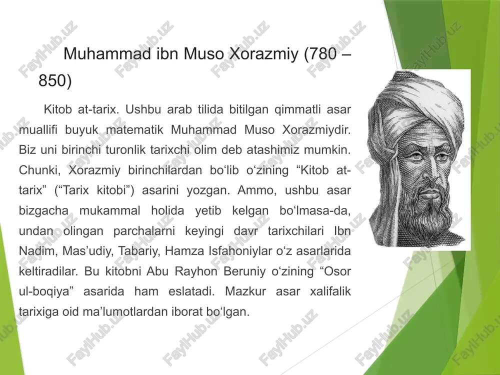 ism olti qismdan iborat iborat bo‘lib, unda shariat bilan bog‘liq ilmlar: fiqh, aqidalar, grammatika, idora ishlarini yuritish tartibi, she’riyat va tarix to‘g‘risida ma’lumotlar keltirilgan. ikkinchi qism to‘qqiz bobdan iborat bo‘lib, u ajam, ya’ni arab bo‘lmagan xalqlar yunonlar, suriyaliklar, forslar, hindlar va boshqa xalqlar orasida taraqqiy etgan ilmlar - falsafa, mantiq, tibb, arifmetika, handasa-geometriya, falakiyot-astronomiya, mexanika, musiqa va kimyo fanlarini o‘z ichiga oladi. asarda yurtimiz haqida, xususan bu yerda amalda bo‘lgan sug‘orish o‘lchovlari haqida muhim ma’lumotlar ham bor. “mafotih ul-ulum ” ilmiy jamoatchilik, xususan v.v.bartold, i.yu.krachkovskiy, s.l.volin, van flotenning yuksak bahosiga sazovor bo‘lgan. uning arabcha matni 1895-yili van floten tomonidan, ayrim parchalar tarjimasi s.l.volin tomonidan 1939-yili nashr qilingan. toshkentda bu asarni r.m.bahodirov tadqiq etib, maxsus kitob yozgan. tarix buxoro (buxoro tarixi) abu bakr narshaxiy – markaziy osiyo tarixiy manbalarining durdonalaridan biri bo‘lmish “tarixi buxoro” deb shuhrat topgan nodir asarning muallifidir. u o‘z asarini 943–944 yillarda arab tilida yozgan va uni somoniylar …