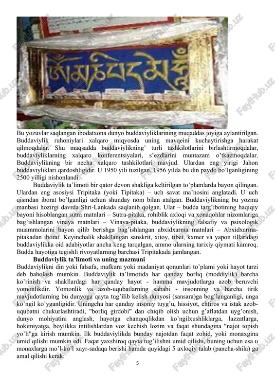 ga oddiy xalq, xizmatkor, cho’rilar kiritilar edi. buddaviylik quldorlik jamiyatida braxmanlik mazhablaridan biri sifatida paydo bo’lgan. u braxmanlikni jonning ko’chib yurishi, jannat va do’zax haqidagi aqidalarni saqlab qolgan. buddaviylik braxmanlikni jamiyatning tabaqalarga bo’linishi to’g’risidagi ta’limotga qarshi chiqib, barcha kishilar e’tiqodda teng huquqli deb e’tirof etgan. buddaviylikning diniy tenglik haqidagi g’oyasi odamlarning kastalarga bo’linib ketishiga qarshi kurashda ijobiy rol o’ynagan. ayni paytda buddaviylik kishilar "azob-uqubat" chekishda va undan xalos bo’lishda ham tengdirlar deb hisoblangan. buddaviylik qadimiy hind diniy-falsafiy ta’limotlari asosida vujudga kelgan, o’ziga xos nazariyot va amaliyotdan iborat bo’lgan diniy tizimdir. budda yangi diniy qonun-qoidalar, rasm-rusumlar ishlab chiqmagan, balki har bir inson tug’ilish va o’lim mashaqqatlaridan qutilishi uchun amal qilishi lozim bo’lgan bir necha ko’rsatmalarni ishlab chiqdi, xolos. uning ta’limoti insonning xayolida, ishlarida va o’zini tutishida samimiy oliyjanoblik g’oyasini ilgari suradi. u vedalardagi gunohsizlik ta’limotini inkor qildi, hayvonlarni vahshiyona qurbon qilishni qoraladi, varna (kasta) tizimini va undagi ruhoniylarning boshqalardan ustunligini inkor …