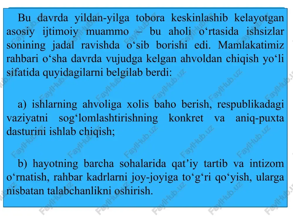 lgilansin va 1991 yildan boshlab bu kun bayram va dam olish kuni deb e’lon qilinsin”, deb qat’iy belgilab qo‘yildi. o‘zbekistonning davlat mustaqilligi umumxalq tomonidan yakdillik bilan ma’qullandi. xuddi shu yilning 29 dekabrida xalqimiz birinchi marta umumxalq xoxish-irodasi bilan mustaqil o‘zbekiston respublikasi prezidentini sayladi. o‘zbekiston prezidenti saylovi o‘zbekiston respublikasi oliy kengashining viii sesiyasida qabul qilingan o‘zbekiston respublikasi prezidenti saylovi to‘g‘risida”gi qonun asosida o‘tkazildi. bu saylovning muhim tomoni shuki, u birinchi marta muqobillik asosida o‘tdi, ya’ni oliy lavozimga ikki nomzod - o‘zbekiston xdp va o‘zbekiston kasaba uyushmalari federatsiya nomzodi i.a.karimov va “erk” demokratik partiyasi vakili saloy madaminov ( muhammad solix ) nomzodi qo‘yildi. saylovda qatnashganlarning (86%) i.karimov nomzodiga ovoz berdi va markaziy saylov komissiyasi o‘zbekiston respublikasi prezidenti saylovi to‘g‘risidagi qonunning 35-moddasiga asoslanib islom abdug‘aniyevich karimovni 1991 yil 29 dekabrdan o‘zbekiston respublikasi prezidenti lavozimiga saylangan deb hisoblashga qaror qildi. i.karimov o‘zbekiston kengashining 1992 yil 4 yanvarda bo‘lgan navbatdan tashqari ix sessiyasida qasamyod qildi. …