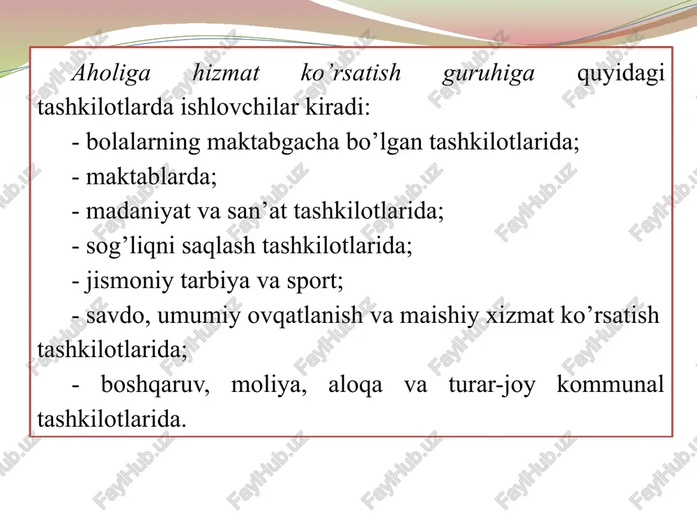 jasida yuzaga kelishi mumkin, ya’ni suv havzalariga yaqin, vodiylarda, tog’ yonbag’irlarida va shunga o’xshash yashash uchun qulay sharoitlar mavjud joylarda. qadimda karvon yo’llari kesishgan joylarda ham shaharlar shakllangan. paydo bo’lish va rivojlanish davrlari: yangi yoki qadimiy shahar. masalan, shaharsozlik nuqtai nazaridan yangi shaharlarning (navoi, chirchiq, bekobod va b.) tuzilishi qadimdan shakllanib, rivojlanib kelgan shaharlarga (samarqand, buxoro, xiva va b.) nisbatan boshqacha bo’ladi. chunki qadimiy shaharlarni rivojlantirishda zamonaviy shaharsozlik talablari bilan bir qatorda tarixiy muhit va yodgorliklarni saqlab qolish ham asosiy ahamiyat kasb etadi. e’tiboringiz uchun raxmat! image2.png image3.png image4.png image5.png image6.png image7.png