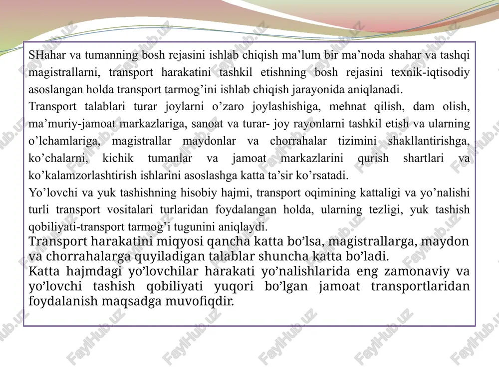 lar harakatini tashkil etish sxema-sini tuzish lozim. maydonni loyihalashda funktsional qismlarga ajratish lozim: transport oqimlarini o’tkazish; piyodalar qismi; avtomobil to’xtash joylari; - ommaviy yo’lovchi transport to’xtash joylari. maydonga 3-4 dan ortiq ko’cha yondashmasligi lozim. maydon markazlarida favvora va yodgorliklarni o’rnatish mumkin emas va hokazo. tarixan shakllangan shaharlarda, hattoki bugungi zamonaviy shaharlarimizda avtomobillarni saqlash joylari muammosi to’lig’icha yechilmagan. buni toshkent shahri misolida ham kuzatish mumkin. so’nggi 10-15 yil ichida transport vositalari (ayniqsa, shaxsiy avtomobillar soni)ning keskin darajada oshib ketishi, shaharning barcha tarkibiy qismlarida, bozorlar, savdo markazlari va rastalari, madaniy-maishiy ob’ektlari va boshqa ko’pgina joylarda tirbandlikni vujudga keltiribgina qolmay, alohida maxsus maydon­larning yetishmasligi tufayli ko’cha qatnov qismining chetki ‘olosalari to’xtab turish joylariga aylanib qolmoqda. natijada, bu narsa ushbu ko’chaning o’tkazish qobiliyatiga salbiy ta’sir ko’rsatib, yo’l-transport hodisalarini ortishiga olib kelmoqda. shahzarsozlik mehyoriy hujjatlarida shaharning har mingta aholisiga hisobiy davrda 180 ta avtomobil, istiqbolda esa 250 ta avtomobil hisob-kitob qilinadi. turar-joylarda avtomobillar-ni saqlash mehyorlari …