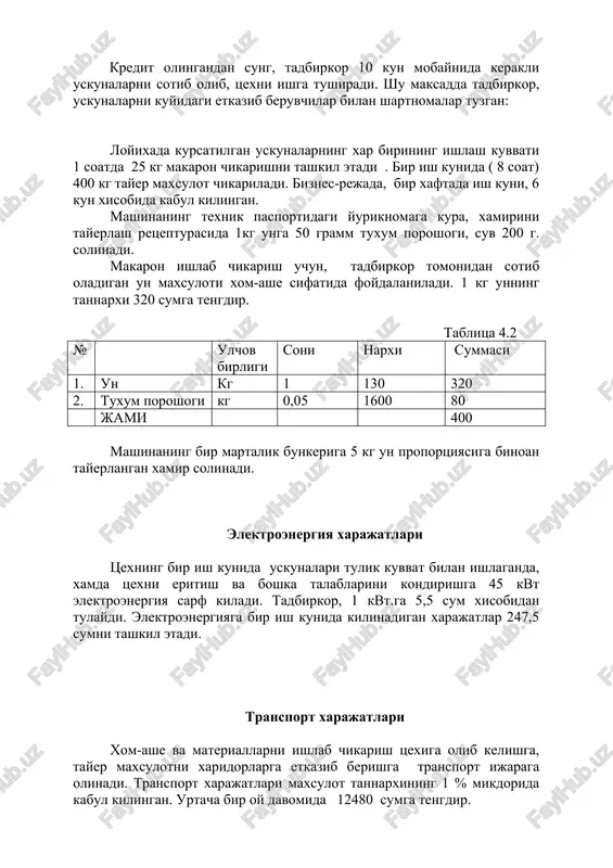 axsuloti xom-ashe sifatida foydalaniladi. 1 kg unning tannarxi 320 sumga tengdir. tablitsa 4.2 № ulchov birligi soni narxi summasi 1. un kg 1 130 320 2. tuxum poroshogi kg 0,05 1600 80 jami 400 mashinaning bir martalik bunkeriga 5 kg un proportsiyasiga binoan tayerlangan xamir solinadi. elektroenergiya xarajatlari tsexning bir ish kunida uskunalari tulik kuvvat bilan ishlaganda, xamda tsexni eritish va boshka talablarini kondirishga 45 kvt elektroenergiya sarf kiladi. tadbirkor, 1 kvt.ga 5,5 sum xisobidan tulaydi. elektroenergiyaga bir ish kunida kilinadigan xarajatlar 247,5 sumni tashkil etadi. transport xarajatlari xom-ashe va materiallarni ishlab chikarish tsexiga olib kelishga, tayer maxsulotni xaridorlarga etkazib berishga transport ijaraga olinadi. transport xarajatlari maxsulot tannarxining 1 % mikdorida kabul kilingan. urtacha bir oy davomida 12480 sumga tengdir. 4.1 tablitsada 1 kg tayer maxsulot ishlab chikarish xarajatlari kursatilgan. 1 kg makaron ishlab chikarish kalkulyatsiyasi tablitsa 4.5 № xarajatlar nomi umumiy mikdori (sum) 1. xom-ashe va materiallar 400 5. …