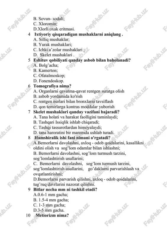 ish daftari. 17 rang-barang temiratki kasalligida bemor shikoyati? a. subyektiv belgi kuzatilmaydi; b. o’riq, behollik; c. harorat ko’tarilishi; d. ko’p terlash. 18 furunkuldan so’ng o’rnida nima qoladi? a. chandiq; b. pigmentli dog’; c. yoriq; d. eroziya. 19 burunni qaysi qon tomirlari qon bilan ta’minlaydi? a. a.facialis, a.oftalmicus; b. a.parietalis, a.facialis; c. a. mandibularis; d. a. facialis, a. nasalis. 20 patologik nistagm xisoblanadi? a. aylantirishdan keyingi; b. aylantirayotgandagi; c. tinch xolatda; d. kalorik probada.