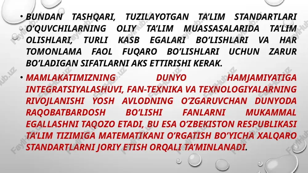 i, o‘rganish ketma-ketligi va shakllantiriladigan kompetensiyalari belgilangan hujjat hisoblanadi. o‘quv dasturi o‘zbekiston respublikasi xalq ta’limi vazirligi tomonidan ishlab chiqiladi va tasdiqlanadi. umumiy o‘rta ta’limning malaka talablari umumta’lim fanlari bo‘yicha ta’lim mazmunining majburiy minimumi va yakuniy maqsadlariga, o‘quv yuklamalari hajmiga hamda ta’lim sifatiga qo‘yiladigan talablardan iborat bo‘lib, u quyidagilardan tashkil topadi: bilim — o‘rganilgan ma’lumotlarni eslab qolish va qayta tushuntirib berish; ko‘nikma — o‘rganilgan bilimlarni tanish vaziyatlarda qo‘llay olish; malaka — o‘rganilgan bilim va shakllangan ko‘nikmalarni notanish vaziyatlarda qo‘llay olish va yangi bilimlar hosil qilish; kompetensiya — mavjud bilim, ko‘nikma va malakalarni kundalik faoliyatda qo‘llay olish qobiliyati o‘zbekiston respublikasi umumiy o‘rta va o‘rta maxsus, kasb-hunar ta’limi tizimida davlat ta’lim standartlariga asoslangan holda umumta’lim fanlarini o‘rganish quyidagi bosqichlarda amalga oshiriladi: standart darajalari darajalarning nomlanishi a1 umumta’lim fanlarini o‘rganishning boshlang‘ich darajasi a1+ umumta’lim fanlarini o‘rganishning kuchaytirilgan boshlang‘ich darajasi a2 umumta’lim fanlarini o‘rganishning tayanch darajasi a2+ umumta’lim fanlarini o‘rganishning kuchaytirilgan tayanch darajasi b1 umumta’lim …