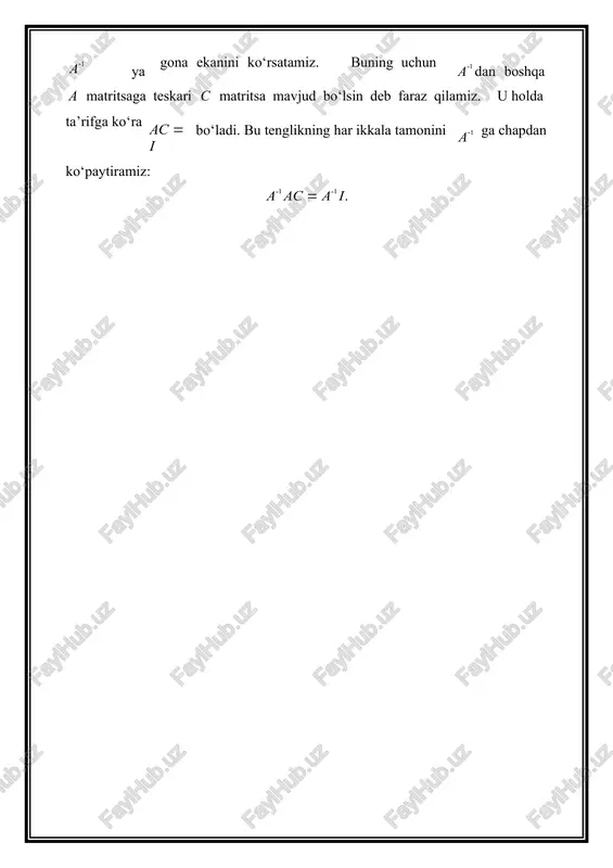 uli a xosmas matritsaning a1 teskari matritsasini topishning qulay usullaridan biri matritsa satrlari ustida elementar almashtirishlarga asoslangan gauss-jordan usuli hisoblanadi. a1 7. matritsani topishning gauss-jordan usuli ushbu tartibda amalga oshiriladi ( a matritsa uchun teskari b matritsa ko‘rinishga keltiriladi. bunda matritsa bo‘ladi. gauss-jordan usulining algoritmi 1 o . a va i matritsalarni yonma-yon yozib, ( a | i ) kengaytirilgan matritsa tuziladi; 2 o . elementar almashtirishlar yordamida ( a | i ) matritsa ( i | b ) ) 3.3-misol.  2 a    1 1  matritsaga teskari marritsani gauss-jardon usuli bilan toping 3 va natijani tekshiring. yechish. 3 1 1 0 r  r  (2)r ( 1 ) (  ) ( 1 )( a | i )    1 1 2 ~ (  ) 2 0  ( 1 ) (  )  3 ~1 2 1  2 …