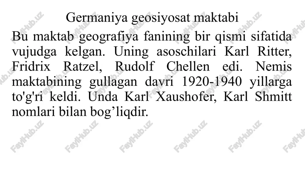 chisi bo‘lib, u ko‘plab siyosiy va vatanparvarlik tuzilmalari faoliyatida, xususan, o‘zi a’zo bo‘lgan pangerman ittifoqi va milliy liberal partiya faoliyatida faol ishtirok etgan. u reyx global miqyosdagi siyosatga ega bo'lishi kerak degan g'oyani himoya qiladi. u germaniyaning ikkita asosiy raqibi fransiya va angliya singari imperiya bo‘lishi kerakligiga ishonch hosil qilgan. ratzelning so'zlariga ko'ra, germaniya keng ta'sir va hukmronlik maydoniga ega bo'lishi kerak. “kuchli kuch jahon davlati bo‘lishi uchun, – deb yozadi u, – ma’lum bo‘lgan makonlarning barcha qismlarida, xususan, barcha strategik nuqtalarda namoyon bo‘lishi kerak”. dunyoning bo'linishiga kech bo'lgan germaniya o'z chegaralarida bo'g'ilib qoldi. yer, resurslar va bozorlarning yetishmasligi nemislar uchun muammoga aylandi. 1871-yilda fransiya ustidan qozonilgan gʻalaba tufayli yuzaga kelgan eyforiyadan keyingi 1873-yildagi iqtisodiy inqiroz germaniyaning hududiy daʼvolarining kuchayishiga xizmat qildi. vilgelm ii (1888) va bismark iste'foga chiqqanidan keyin (1890), nemislarning hududiy ishtahalarini boshqa hech narsa to'xtata olmadi. germaniya chet eldagi bir nechta mulk bilan kifoyalanmoqchi emas edi: bismark …