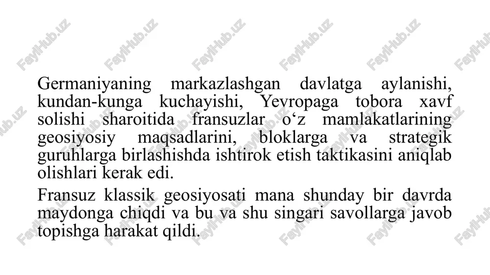 lik farq qilmaydi. har ikkala olimning kelgusi “jahon davlati” modeli xalqlar va davlatlarni yagona sivilizatsiya tarkibida birlashtirishni ko‘zda tutadi, bu davlatda har bir kishi o‘zini mazkur ulkan davlatning to‘la huquqli fuqarosi deb hisoblaydi. biroq, kelajakdagi yevropa birligining ichki boshqaruvi “buyuk davlatlar va xalqlarning” manfaatlari va tartibotiga asoslanadi, deb hisoblagan ratseldan farqli o‘laroq, blash bunday birlikning mag‘ziga inson omilini, har bir kishining real huquqini qo‘ydi. bundan tashqari, ratseldan farqli o‘laroq, blash yevropada yagona birlik “chetga chiqish imkoniyatlari cheklangan, har tomondan o‘rab olingan germaniya kabi mamlakat emas”, balki atrofi va kommunikatsiya yo‘llari erkin bo‘lgan fransiya yoki angliya kabi davlatlarning rahbarligi ostida yarata olinishi to‘g‘risida yozgan edi. 2. jak ansel. germaniya geosiyosatini tanqid qilinishi. jan ansel (1882-1943) 1938 yil - "chegaralar geografiyasi“ asarida ratselning g'oyalarini davom ettirdi, chegaralarni davlatlar o'rtasidagi qat'iy to'siq sifatida ko'rishdan bosh tortdi, ularni mamlakatlarning vaqtinchalik chekkasi - ikki xalqning hayotiy kuchlari o'rtasidagi muvozanat natijasi sifatida tavsifladi. ularning o'zgarishlari orzu …