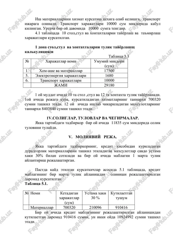 roitni, birinchi navbatda xom-asheni etkazib berish, xuddi shunday korxonalar tomonidan buladigan rakobatni, ishlab chikarishdagi bulishi mumkin bulgan xatarlar va boshka faktorlarni e'tiborga olib kilingan taxlil natijasida loyixani amalga oshirishda, loyixa tashabbuskori tomonidan kursatilgan barcha tadbirlarning samaraliligi va xaetiyligi tugrisida xulosaga kelinadi. ushbu loyixani amalga oshirilishi, loyixa tashabbuskori fikrini xaetga tatbik etishga,xamda respublikamizda olib borilaetgan iktisodiy isloxatlarga uz ulushini kushishga imkon yaratiladi.
