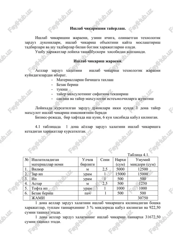 6 kun xisobida kabul kilingan. 4.1 tablitsada 1 dona ayollar zarduz xalatini ishlab chikarishga ketadigan xarajatlar kursatilgan. tablitsa 4.1. № ishlatiladigan materiallar nomi ulchov birligi soni narxi (sum) umumiy mikdori (sum) 1. vilyur m 2,5 5000 12500 2. zar ip uram 1 15000 15000 3. ip uram 1 500 500 4. astar m 2,5 500 1250 5. tofta ip uram 1 1000 1000 6. bezak berish pach 1 500 500 jami 30750 1 dona aellar zarduz xalatini ishlab chikarishga kilinadigan boshka xarajatlar, tuplam tannarxining 3 % mikdorida kabul kilingan va 922,50 sumni tashkil etadi. 1 dona aellar zarduz xalatining ishlab chikarish tannarxi 31672,50 sumni tashkil etadi. 1 oy muddat ichida 12 dona aellar zarduz xalati ishlab chikariladi. 1oy ichida ishlab chikariladigan maxsulotlarning tannarxi 380070 sumni tashkil etadi. v.soliglar, tulovlar va chegirmalar. yakka tartibdagi tadbirkor ________ xunarmandlar uyushmasiga a'zo, shuning uchun barcha solik tulovlaridan ozod. v1. moliyaviy reja. 1 dona aellar …