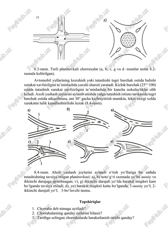 ltiruvchi kurilmalarni urnatish. 2. svetofor ob’ektini va avtomatik boshkaruv tizimini joriy kilish. 3. chorraxadagi kurinishni yaxshilash, (daraxtlarni kirkish, turli tusiklarni olib tashlash, elektr tarmoklari tayanchlarining joyini uzgartirish va x.k.). 4.sekinlashish va tezlashish tasmalarini kurish. 5. aylanma xarakatni tashkil etish. 6. chorraxa planirovkasini uzgartirish. 7. i-iii darajali yullarga barcha tutash yullarda 100^200 m masofada kattik koplama kuzda tutilishi kerak. iv darajali yullarga tutashuvchi yullarda 50^ 100 m masofada katnov kismi koplama bilan koplangan bulishi shart. sekinlashish va tezlashish tasmalari i-iii darajali yullardagi bir satxdagi chorraxalarda va i-iv darajali yull ardan avtobus tuxtash joylarida kuriladi. bu tasmalarning enini asosiy tasmalar eni bilan teng yoki eng kamida 3,5 m kabul kilish kerak. 8.3-rasm. turli planirovkali chorraxalar (a, b, v, g va d -rasmlar nomi 8.2-rasmda keltirilgan). avtomobil yullarining kesishish yoki tutashishi tugri burchak ostida bulishi xarakat xavfsizligini ta’minlashda yaxshi sharoit yaratadi. kichik burchak (25°^100) ostida tutashish xarakat xavfsizligini ta’minlashda bir kancha nokulayliklar olib …