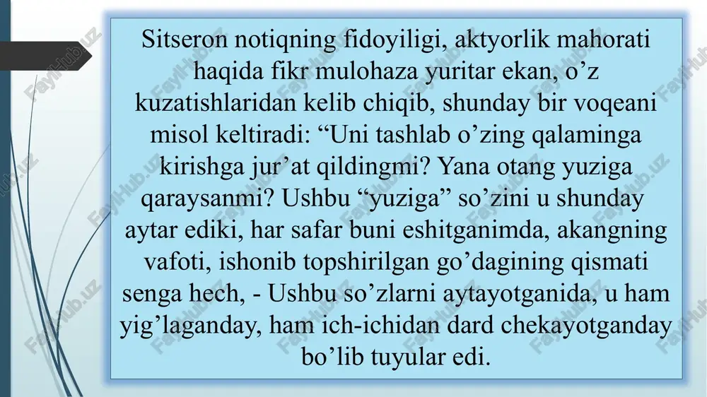 vlono husayn voiz koshifiy, mavlono riyoziy, xoja muayyad mehnagiy, mulla kalon voiz samarqandiy kabi ko’plab ulug’ kishilarning faoliyati buning yorqin dalilidir. “makorim ul-axloq”, “latoyif ut-tavoif ‘ kabi manbalarda hikoya qilinishicha, husayn voiz koshifiy qayerda nutq so’zlasa, shu yerda odamlar soni nihoyatda ko’payib ketar ekan. minglab xalq to’plangan maydonlarning oxirida turgan odamlarga uning ovozi yetib bormasa ham, muxlislari bu zotning nurli siymosini uzoqdan bo’lsa ham bir ko’rishga ishtiyoqmand bo’lganlar, so’zlariga monand chiroyli xatti-harakatlarini zavqlanib kuzatib turganlar. husayn voiz koshifiy “axloqi muhsiniy” asarida kishilar bir-biri bilan so’zlashganda o’zini qanday tutishi lozimligi haqida yoki notiq ko’pchilikka va’z aytayotganida uning gapirish yo’sini (mimikasi) bosh va yuz, tana va qo’l harakatlari muhim ahamiyat kasb etishi haqida nihoyatda ibratli fikrlar bildirgan. aytishlaricha, demosfen “suxandonlikda eng muhim narsa nima?” degan savolga: “birinchidan ijro, ikkinchidan - ijro, uchinchidan - ijro”, deb javob bergan ekan. shuni ham ta’kidlash kerakki, notiqlikda ijro eng muhim narsa bo’lishi bilan birga, eng murakkab …