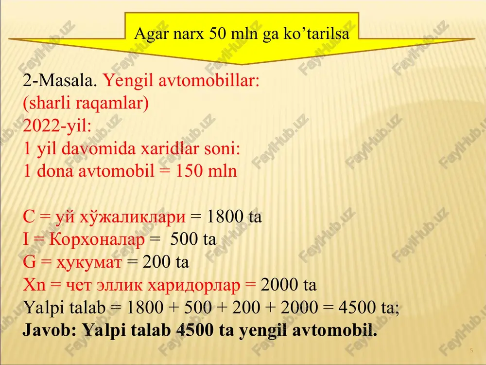 yoki teng bo‘lishi kerak. modelda makroiqtisodiy muvozanatga erishish mexanizmini dastlab oraliq kesmada ko‘rib chiqamiz (3-rasm). dastlab muvozanat e nugqtasida o‘rnatilgan. baholarning muvozanatli darajasi va yalpi ishlab chiqarish hajmining muvozanatli hajmlari mos ravishda p, va ye lar bilan belgilangan. nima uchun p, narxlarning muvozanatli darajasini va y, esa yalpi ishlab —schiqarishning = muvozanatli hajmiini _ bildirishini ko‘rsatishimiz uchun baholarning muvozanatli darajasi p, emas, balki p, deb hisoblaymiz. yo ye yj pl p3 ~* as2 tt et ) as1 3 i
