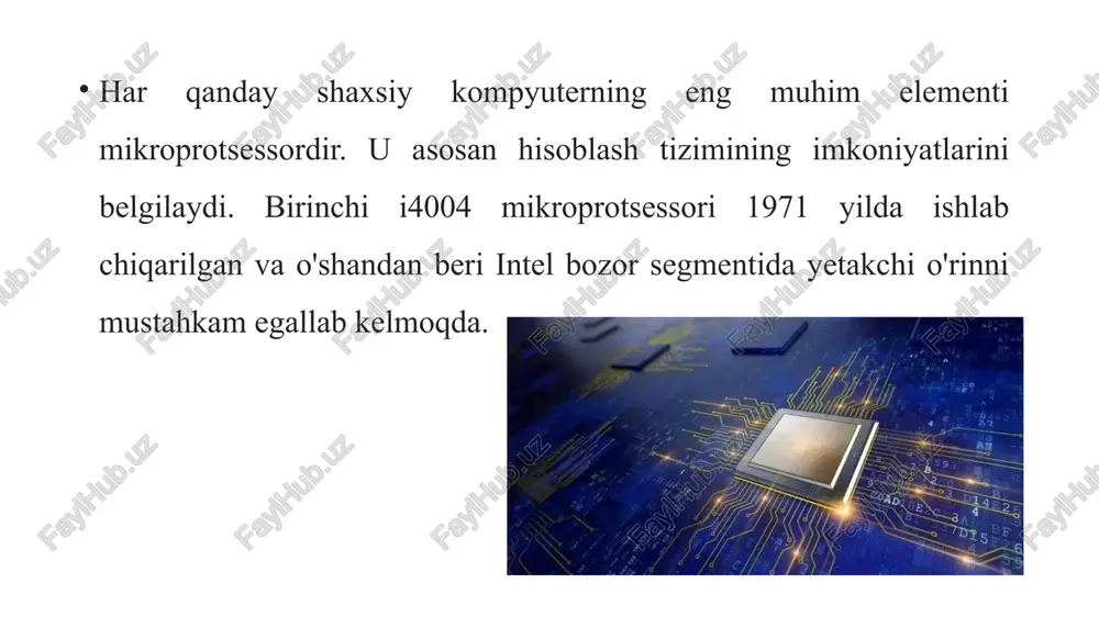 n pentium pro mp oddi ilovalarni bajarishda pentium mp ga qaraganda, taxminan 20 tezkorroqdir). pentium mmx ning xo! isobga olgan ho yozilgan dasturlar oddiy pentium mp li shk larda ishlay olmay pentium mmx mp uchun socket 7 raz yomli (ajratgich), mmx go’ llab-quvvatlaydigan yangi bios li va ikkita ta minot kuchlanishli (2,8 va 3,5 v) tizimli plata talab etilad pentium ii mp va over drive mikroprocessorlari nporpammuposanne urp ha minecrft ana perei 6,5-12 net o'xshashlar mikroprotsessorlar kompyuter sinflari,ishlash prinsiplari /docprops/thumbnail.jpeg 5-ma'ruza mikroprotsessorlar