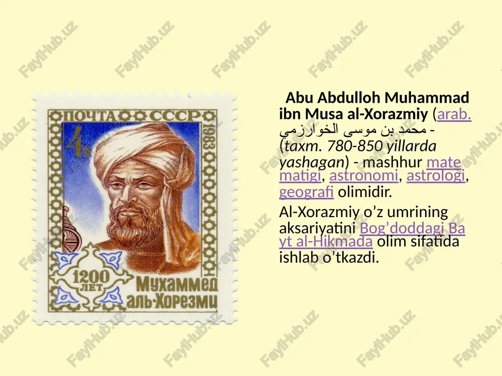 n" ("qur'on tafsiri") kitobini ham alohvda ta'kidlash kerak. b. asarlari musulmon dunyosining barcha madrasa va dorilfununlarida payg'ambar (as) sunnatlari bo'yicha asosiy darslik, qo'llanma hisoblanadi. abu iso muhammad at-termiziy (824-894yy) islom dunyosida mashhur bo'lgan hadischi olim imom at-termiziy termiz yaqinidagi bug qishlog'ida tug'ilgan. 26 yoshidan boshlab samarqand, buxoro, xijoz, iroq, nishopur shaharlarida mashhur muxaddis olimlar bilan uchrasha boshladi. uning buyuk hadischi olim bo'lib, etishishida imom ismoil al-buxoriy ustozligi katta o'rin tutadi. umrini hadislar to'plashga bag'ishlagan at-termiziydan katta ilmiy meros, jumladan: «kitobi al-jom'e as-saxix», «kitob ul ilm», «kitobi at-tamoyili an-nabaviy», «kitobi az-zuxl», «kitobul ismi val xuna» kabi asarlar qolgan. 1990 yil settyabr oyida toshkentda at-termiziy tavalludining 1200 yilligiga bag'ishlangan xalqaro ilmiy anjuman bo'lib o'tdi. ismoil al-buxoriy hadislari kabi at-termiziy to'plagan hadislarda ham tarbiya, ahloq odob, ota-ona, va farzand haq-huquqlar, halollik, poklik, kabi umuminsoniy qadriyatlar va ahloq mezonlari asosiy o'rin tutadi. ix-xii asrlarda badiiy adabiyotga katta hissa qo'shgan shoir va yozuvchilar: m.qoshg'ariy a.yugnakiy …