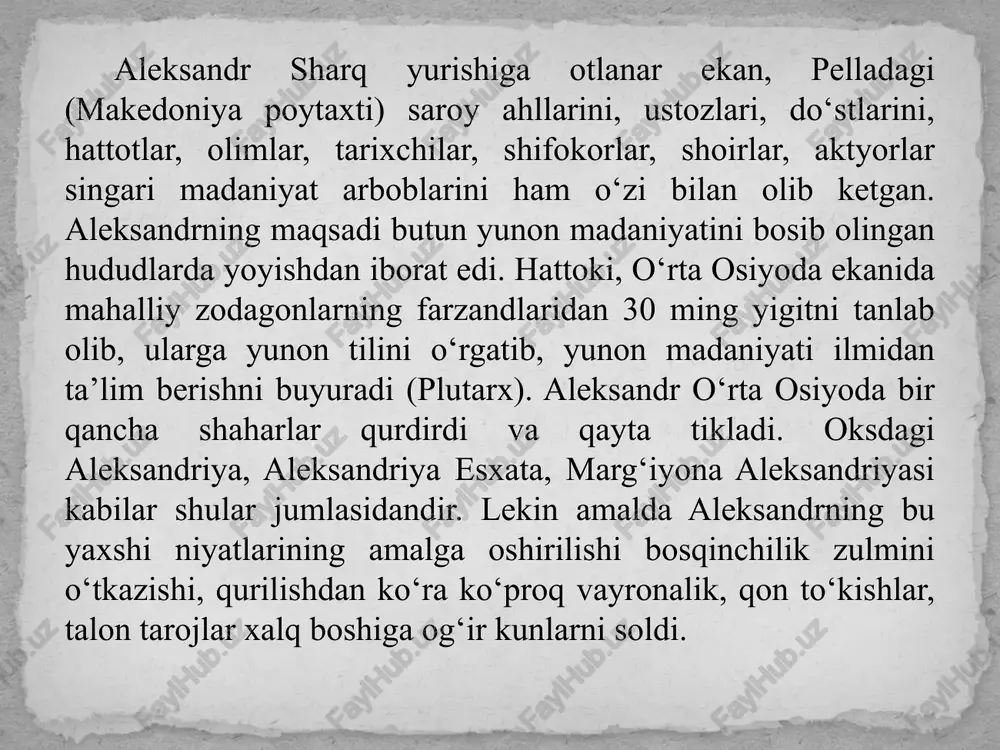 lik salavkiylar davrida arxitektura juda rivojlandi. aleksandr makedonskiy va uning imperiyasi yo‘l qo‘yganday, salavkiylar ham shaharlarda keng qurilish ishlarini amalga oshirdilar. shaharlarda monumental binolar, ibodatxonalar va saroylar qurildi. masalan, antioxiya kabi shahar xususiyatlari, o‘ziga xos va markazlashtirilgan qurilish uslubi mavjud edi. bunday qurilishlarda ko‘proq monumentalizm va salobatga urg‘u berilgan. 2. badiiy idealizm va realizm ellin san'ati, an'anaviy idealist yondashuvlardan, ko‘proq realizmga o‘tishni boshladi. bu davrda badiiy asarlarda odamlar ko‘proq tabiiy va nozik ifodalarda tasvirlangan. yangi bir yondashuv sifatida grek-osiyo san'ati shakllandi, bu salavkiylar madaniyatida sharq va g‘arb uslublarining uyg‘unlashuvidir. 3. haykalsozlik haykalsozlikda ham yangi bir davr boshlandi. salavkiylar davrida haykallar ko‘proq realizmga asoslangan bo‘lib, inson va hayvonlarning tabiiy va haqiqatga yaqin shakllarini yaratishga intilgan. 4. teatr va drama bu davrda ellin teatr san'ati yangi o‘zgarishlarga duch keldi. teatrda murakkab mavzular va psixologik dramalar ko‘rsatilgan. salavkiylar davrida komediyaning va tragediyaning yangi shakllari yaratildi. shuningdek, drama va teatr san'ati xalq orasida keng …