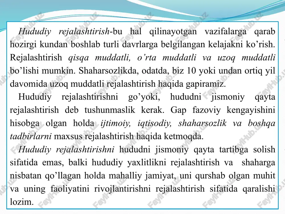 y qurilishini kompleks o’zlashtirish uchun belgilangan tartibda rejalashtirilayotgan qishloq xo’jalik yerlari ro’yxatini aniqlash bo’yicha uy-joy qurilishini rivojlantirish; sanoat va agrosanoat qurilishini optimallashtirish, hisob-kitob tizimining rivojlanishi va fazoviy rivojlanish omillarining birlashishini hisobga olgan holda; shaharlardagi sanoat qurilishi va agrosanoat majmuasi ob’ektlarini joylashtirish uchun qulay shart-sharoitlar yaratish bo’yicha sanoat va agrosanoat majmualarini rivojlantirish; hududning fazoviy rivojlanishi va joylashtirish tizimini rivojlantirish istiqbollarini inobatga olgan holda aholi uchun shaharlararo ijtimoiy va madaniy xizmatlar infratuzilmasini yaratish; aholiga yuqori malakali tibbiy xizmat ko’rsatuvchi ilmiy-tadqiqot va boshqa tibbiyot muassasalari negizida hududiy ahamiyatga ega bo’lgan yirik ixtisoslashtirilgan tibbiyot markazlari tizimini yaratish; hududning rekreatsion imkoniyatlarini hisobga olgan holda dam olish maskanlari va aholi salomatligini ta’minlash xizmatlarining ko’p bosqichli tarmog’ini rivojlantirish; belgilangan qonunlarga muvofiq kam ta’minlangan va boshqa toifadagi fuqarolar uchun ijtimoiy infratuzilmani rivojlantirish bo’yicha shaharlararo ijtimoiy-maishiy xizmat ko’rsatish tizimini tashkil etish; viloyat aholisi uchun to’laqonli umumiy ta’lim olishda hududiy erkinlikni va teng imkoniyatlarni ta’minlash; texnik kasb-hunar ta’limi, yuqori malakali …