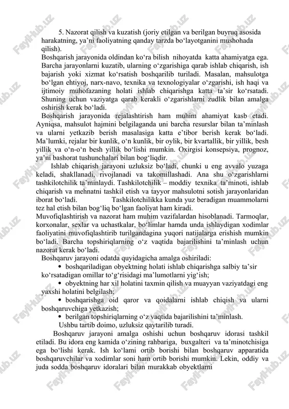 iga mos keladigan ishlarni bajara olishi kerak. bu shartlarga rioya qilish boshqaruvchanlikni, ya’ni boshqaruv tizimining ishchanligini ta’minlaydi. boshqaruvning obyekti qanchalik murakkab bo‘lsa, boshqaruv idorasining ishchanlik qobiliyati ham shunchalik yuqori bo‘lishi darkor. har qanday boshqaruv o‘z maqsadi va vazifalariga ega bo‘ladi. maqsad – bu inson faoliyatining avvaldan fikran o‘ylangan natijasidir. shunga binoan, boshqaruvning maqsadi deganda, boshqaruv subyektining oldindan o‘ylangan, mo‘ljallangan, erishish zarur bo‘lgan natijasi tushuniladi. sanoatda esa bu ko‘p va sifatli mahsulot ishlab chiqarish va uni o‘z vaqtida sotish hamda mo‘ljallangan foydani olishdir. har qanday maqsadga ma’lum talablar qo‘yiladi. dastavval, maqsad ilmiy va amaliy jihatdan asoslangan bo‘lishi kerak. ikkinchidan, u aniq, yaxshi ifodalangan va manzilli bo‘lishi zarur. uchinchidan, qo‘yilgan maqsad erishimli bo‘lishi, ya’ni unga yetishishning imkoniyatlari, shart va sharoitlari hisobga olingan bo‘lishi kerak. qo‘yilgan maqsadga erishish uchun ma’lum vazifalarni bajarish kerak bo‘ladi. ma’lumki, vazifa – bu avvaldan belgilangan, aniqlangan, ko‘rsatilgan, bajarilishi va hal etilishi lozim bo‘lgan ish, narsadir. sanoat ishlab chiqarishida …