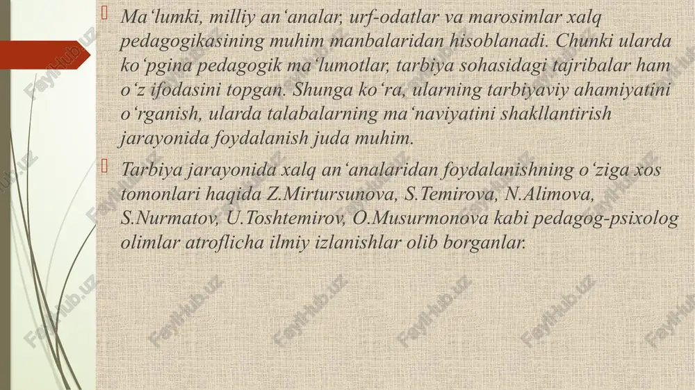u an‘analar yoshlarni turli hatti-harakat, odob-axloqqa o‘rgatishda muhim manba bo‘lib, yoshlarda ma‘naviy madaniyatning shakllanishiga ijobiy ta‘sir ko‘rsatadi. milliy an‘analarni yoshlar ongiga singdirish orqali ularda ma‘naviy- axloqiy sifatlarni shakllantirish yo‘li bilan bir qatorda milliy an‘analarimizga, qadriyatlarimizga hurmat va shu qadriyatlardan o‘zlarining kundalik hayot va faoliyatlarida qo‘llay olish malakalari bilan mustahkamlanib boriladi. ayniqsa, yoshlarda ma‘naviy, axloqiy, estetik madaniyatning kurtaklari shakllanadi. zero, ta‘lim-tarbiya jarayonida xalq milliy qadriyatlarida foydalanish biz tadqiq etayotgan muammo nuqtai- nazari bilan birinchidan, talabalarda ma‘naviy madaniyat sifatlarining shakllanishida, ikkinchidan, talaba yoshlarda milliy madaniy merosimizga nisbatan ijobiy yondashuvning qaror topishida, uchinchidan, esa tadqiqot maqsadi sanalgan talabalar ma‘naviyatini rivojlanishida zaruriy omil bo‘lib xizmat qiladi. xalq pedagogikasida o‘zbek xalqining ibratomuz, ayniqsa, yoshlarni har tomonlama tarbiyalashda katta ta‘sir eta oladigan urf-odatlari, an‘analari, marosim va rasm-rusmlari borki, bularni bugungi kunda talabalarning ongiga, hayot tarziga singdirish milliy qadriyatlarimizni yana qayta tiklash demakdir. zero, yetmish yillik sobiq ittifoq tuzumi davrida milliy an‘analarimiz o‘rniga g‘arb, ovro‘pa va rus …