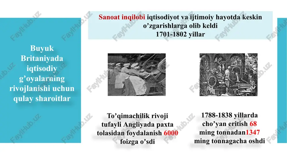 .smit mamlakatning boyligi ular yiqqan oltin miqdori bilan emas, balki uning tayyor tovar va xizmatlar ishlab chiqara olish imkoniyatiga bogʼliqligini koʼrsatib berdi. 19 «erkin savdo» nazariyasi david rikardo (1772 – 1823) yirik sanoat burjuaziyasining gʼoyaviy yetakchisi jamoat arbobi, publitsist 1817 yilda «siyosiy iqtisodning va soliq solishning boshlanishi» d.rikardo davriga kelib boylikni yaratish emas, balki uning jamiyat sinflari oʼrtasida taqsimlanish muammosi siyosiy iqtisodning markazida turar edi predmeti – sinflar oʼrtasida daromadlarning taqsimlanishi muammolari usuli – ilmiy abstraktsiya, «boshlangʼich kategoriyalar» asosida mantiqiy fikrlash “siyosiy iqtisodning asosiy vazifasi taqsimotni boshqarish qonunlarini aniqlashdir” d.rikardoning qiymat, kapital va yer rentasi nazariyalari qiymat (qimmat) mutlaq nisbiy pul – tovar ayirboshlashning texnik vositasi d.rikardoning qiymat, kapital va yer rentasi nazariyalari mehnat sarfi orqali aniqlanadi ayirboshlashda qatnashayotgan tovarlarning «mutlaq» qiymatini ifoda etadi pulning qiymati “tovar ishlab chiqarish va uni bozorga yetkazib berish uchun zarur mehnat miqdori orqali aniqlanadi” kapital asosiy aylanma renta qishloq xoʼjaligida band boʼlgan ishchilar mehnati …