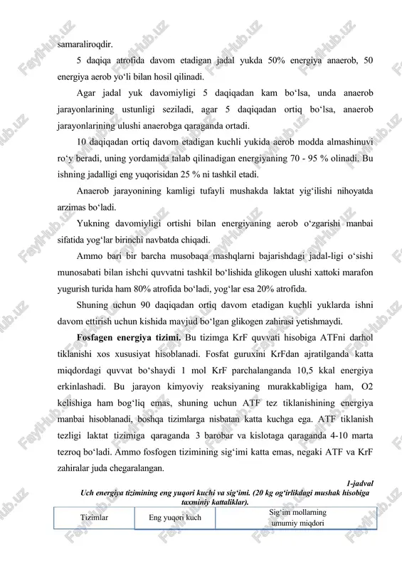 tida yog‘lar birinchi navbatda chiqadi. ammo bari bir barcha musobaqa mashqlarni bajarishdagi jadal-ligi o‘sishi munosabati bilan ishchi quvvatni tashkil bo‘lishida glikogen ulushi xattoki marafon yugurish turida ham 80% atrofida bo‘ladi, yog‘lar esa 20% atrofida. shuning uchun 90 daqiqadan ortiq davom etadigan kuchli yuklarda ishni davom ettirish uchun kishida mavjud bo‘lgan glikogen zahirasi yetishmaydi. fosfagen energiya tizimi. bu tizimga krf quvvati hisobiga atfni darhol tiklanishi xos xususiyat hisoblanadi. fosfat guruxini krfdan ajratilganda katta miqdordagi quvvat bo‘shaydi 1 mol krf parchalanganda 10,5 kkal energiya erkinlashadi. bu jarayon kimyoviy reaksiyaning murakkabligiga ham, o2 kelishiga ham bog‘liq emas, shuning uchun atf tez tiklanishining energiya manbai hisoblanadi, boshqa tizimlarga nisbatan katta kuchga ega. atf tiklanish tezligi laktat tizimiga qaraganda 3 barobar va kislotaga qaraganda 4-10 marta tezroq bo‘ladi. ammo fosfogen tizimining sig‘imi katta emas, negaki atf va krf zahiralar juda chegaralangan. 1-jadval uch energiya tizimining eng yuqori kuchi va sig‘imi. (20 kg og‘irlikdagi mushak hisobiga …