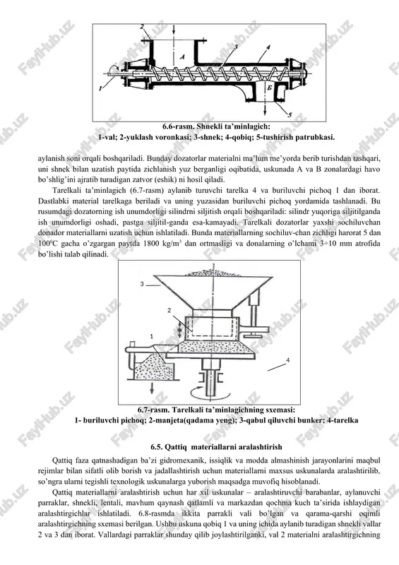 aylantiruvchi vali 1 ga ventilyator 2 bilan biriktirilgan tarqatuvchi disk 3 mustahkamlangan. ventilyator yordamida separatorda havoning berk holatidagi sirkulyasiyasi hosil bo’ladi. ajratishi lozim bo’lgan material uzluksiz ravishda aylanib tarqatuvchi disk 3 ga beriladi. material disk yordamida va markazdan qochma kuch ta’sirida ichki kamera 4 ning devori tomon uloqtiriladi. materialning ichki kamera devori tomon harakati natijasida hosil bo’lgan qatlam orqali ko’tarilayotgan havo oqimi harakat qilib, o’zi bilan mayda zarrachalarni ventilyator 2 ga olib ketadi. katta zarrachalar (iii) ichki kameradan qiya joylashgan patrubok orqali tashqariga chiqariladi. mayda zarrachalar (ii) ni esa ventilyatorning kuraklari qobiqning tashqi devori tomon uloqtirib tashlaydi va konussimon tub orqali tashqariga chiqariladi. shunday qilib, havo separatori yordamida mayda-langan materiallar ikki fraksiyaga (katta va kichik o’lchamli) ajratiladi. 6.5-rasm. markazdan qochma havo separatorining sxemasi: 1-ventilyator va diskning valini aylantiruvchi uzatma; 2-ventilyator; 3-materialni tarqatuvchi disk; 4-ichki kamera; 5-pardali tarqatuvchi moslama. oqimlar: i-dastlabki sochiluvchan material; ii-mayda zarrachalar; iii-katta zarrachalar. 6.4. qattiq materiallarni dozalash …