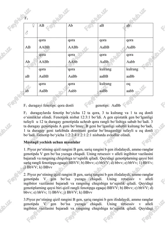 ikkita pillasi oq rangli zotlar chatishtirilganda f1 da sariq rangli pilla to‘quvchi qurtlar hosil bo‘lgan. f2 da 9 ta pillasi sariq va 7 ta oq duragaylar hosil bo‘ldi. ota – ona va avlodlar genotipini aniqlang. noallel genlar o`zaro ta`sirining epistatik tipiga oid masalalar yechish. genetik tahlil sohasidagi tadqiqotlarning mendeldan keyingi davrdagi rivoji tufayli, allel bo‘lmagan genlarning o‘zaro munosabatida ham dominantlik – retsessivlik holatlari namoyon bo‘lishi mumkinligi isbotlandi. allel bo‘lmagan dominant genlarning biri o‘z ta’sirini ko‘rsatishda fenotipda ikkinchisidan ustun bo‘lishi epistaz deyiladi. epistaz dominantlik hodisasiga o‘xshash, lekin bunda allel bo‘lmagan bir dominant genning ta’siri ikkinchi dominant gennikidan ustun bo‘ladi. allel bo‘lmagan genlar ustidan dominantlik qiluvchi genlar epistatik gen (ingibitor) deyiladi. uning ta’siridagi genlar gipostatik genlar deyiladi. ayrim hollarda epistatik genlar retsessiv gomozigota holatida ham bo‘ladi. dominant epistatik genga ega bo‘lgan organizmlarni o‘zaro chatishtirganimizda ikkinchi avlod duragaylari 12:3:1, 13:3 nisbatlarda, retsessiv epistazda esa 9:3:4 nisbatda ajralish kuzatiladi. epistazga doir masala yechish uchun …