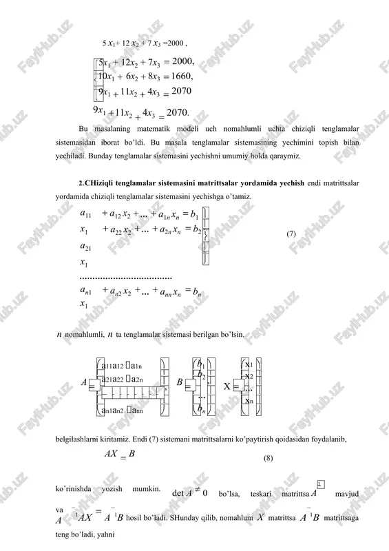 ( a 11 a 12  a 1 n a 21 a 22  a 2 n a m 1 a m 2  a mn ) ( a 11 a 12  a 1 n a 21 a 22  a 2 n b 1 b 2 a m 1 a m 2  a mn b m )va b a matrittsaga (1) sistemaning matrittsasi, b matrittsaga sistemaning kengaytirilgan matrittsasi deyiladi. quyidagi teorema o’rinli. 1- teorema. (kroneker-kapelli teoremasi). chiziqli tenglamalar sistemasining birgalikda bo’lishi uchun sistema matrittsasi a ning rangi sistema kengaytirilgan b matrittsasining rangiga teng bo’lishi zarur va yetarlidir. isbot. zarurligi. (1) sistema birgalikda bo’lsin. k1, k2 ,…, ks uning yechimlaridan biri bo’lsin. bu sonlarni sistemadagi nomahlumlar o’rniga qo’yib, s ta ayniyat hosil qilamiz.bu ayniyatlar b matrittsaning oxirgi ustuni qolgan barcha ustunlarining mos ravishda koeffitsietlar bilan ko’paytmasidan olingan yig’indisi ekanligini ko’rsatadi. b matrittsaning har qanday boshqa ustuni a matrittsaga …