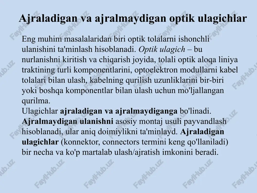 iladigan signalning so'nishi; o'tish o'chishi – kerakli chiqishda signal quvvatining qolgan barcha chiqishlardagi signallar quvvatiga nisbati; polyarizatsion yo'qotishlar – kommutatsiyalanuvchi signalning polyarizatsiyasi (qutblantirilishi) natijasida vujudga keltiriluvchi so'nishi (kuchsizlanishi). ishlab chiqarish texnologiyasiga ko'ra kommutatorlarning quyidagi turlari farq qilinadi: optik kommutatorlarning asosiy turlari 1. mexanik optik kommutatorlar . 2.elektrooptik kommutatorlar. 3.akustooptik kommutatorlar. 4.termooptik kommutatorlar. 5. yarimo'tkazgichli optik kuchaytirgichlar asosidagi opto elektron kommutorlar 6. integral aktiv to'lqin elitgich kommutatorlar. 7. ko'p qatlamli yorug'likelituvchi suyuqkristall matrisali kommutatorlar. 8. mikroko'zgular massivi asosidagi kommutator 9. golografik kommutatorlar 10. foton kristalli kommutatorlar. nazorat savollari 1. passiv optik qurilmalar qanday parametrlar bilan xarakterlanadi? 2. nurlanishni kiritish qurilmasi qanday tuzilgan? 3. qismlarga ajraladigan va ajralmaydigan optik ulagichlar qachon qo'llaniladi? 4. shtekerli optik ulagich qanday tuzilgan? 5. optik tolalarni ajralmaydigan ulashning qanday usulini bilasiz? 6. optik tarmoqlagichlarning turlari va ularning vazifalarini tushuntiring. 7. optik attenyuatorlar qanday maqsadlarda qo'llaniladi? 8. optik izolyatorlarning vazifasi va ularning ishlash prinsipini tushuntiring. 9. optik filtrlarni …