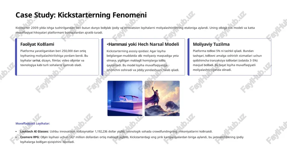ajakdagi loyihalarga salbiy ta¾sir ko8rsatishi mumkin. platforma cheklovlari har bir platformaning o8z qoidalari, to8lovlari va cheklovlari mavjud bo8lib, ular loyihani amalga oshirish erkinligini biroz cheklashi mumkin. muvaffaqiyatli crowdfunding misollari crowdfunding nafaqat kichik startaplar uchun, balki katta miqyosdagi ijtimoiy loyihalar va kontent yaratuvchilar uchun ham moliyalashtirishning muhim manbai bo8lganini ko8plab misollar isbotlaydi. coolest cooler ryan grepper tomonidan yaratilgan <coolest coolerî deb nomlangan ko8p funksiyali muzlatgich 2014-yilda kickstarterda 13 million dollardan ortiq mablag8 yig8di. bu, o8sha paytda, platformaning eng muvaffaqiyatli kampaniyasi hisoblangan. bu loyiha oddiy mahsulot ham katta talabga ega bo8lishi mumkinligini ko8rsatdi. los-anjeles yong8in qurbonlari 2025-yildagi los-anjeles yong8inlaridan jabrlanganlarga yordam berish maqsadida gofundme platformasi orqali jamoatchilik birdamligi natijasida 100 million dollardan ortiq xayriya mablag8lari yig8ildi. bu misol donatsiya asosidagi crowdfundingning ijtimoiy ahamiyatini ko8rsatadi. patreon ijodkorlar iqtidori patreon platformasi orqali san¾atkorlar, podkasterlar va kontent yaratuvchilar o8z muxlislaridan obuna asosida doimiy daromad manbai yaratmoqdalar. bu ularga ijodkorlikka to8liq e¾tibor qaratish imkonini berib, barqaror …