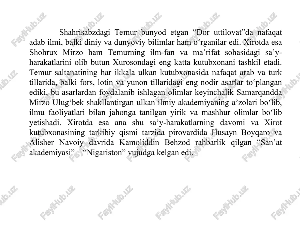 rish lutfiy uchun katta sharaf edi. ulug’bek saroyidagi eng obro’li o’zbek shoiri sakkokiyning lirik she’rlari bilan birga o’zbek tilidagi qasidalari ham bu she’riy janrning sezilarli yutug’i bo’ldi. navoiy «majolisun-nafois» tazkirasida ko’proq xurosonlik shoirlar haqida ma’lumotlar bersa, davlotshoh samarqandiy «tazkirat ush-shuaro» asarida o’tmishda o’tgan ijodkorlarga to’xtaladi. yaqinda ma’lum bo’lgan shayx ahmad ibn xudoydod taroziyning «fukukul-balog’a» (1437 y.) asari temuriylar davri movarounnaxrdagi adabiy hayotni o’rganish imkonitlarini ochdi. shayx axmad taroziy asarida she’r nazariyasiga doir ilmiy masalalarni yoritish bilan birga, shu paytgacha noma’lum bo’lgan o’zbek va forsiyzabon shoirlarning she’rlaridan misollar keltiradi. shayx taroziy o’z asarida bizga ma’lum bo’lgan mashhur shoirlardan tashqari, bizga noma’lum bo’lgan muhammad temur buzoning tuyuqlarini, shams qisoriyning «al-maqlubul-ba’z» she’riy san’ati namunalarini, jaloliy degan shoirning ishqiy mazmundagi baytlarini, «mutasalsal» she’riy man’atiga o’zining g’azalidan namunalar keltiradi. «mutasalsal» san’ati qofiya bo’lib kelgan so’zlarning yoki uning bir bo’lagining keyingi bayt boshlanishida takrorlanishi bilan baytlarni bir-biriga bog’lashni anglatadi. taroziyning «fukukul-balog’a» asari o’sha davr o’zbek adabiyoti …