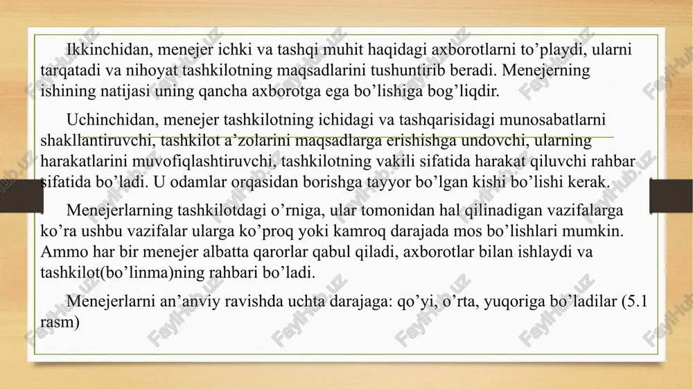 latlikka ega bo’lish, ”insoniy munosabatlar”ni bilish; o’zini o’zi va o’z vaqtini boshqarishni bilish; masalalarni hal qilishda qat’iylik, g’ayratlilik, dinamiklik; rasmiy va norasmiy tuzilmalarning o’zaro aloqasini hisobga olish bilan odamlar bilan munosabatlarni o’rnatishni bilish; bilimlar va farosatlilik (tashkilotdagi aniq sharoitlarni bilish, ularda o’z yo’lini topa bilish, farosatli va topqir bo’lish); o’ziga o’zi yordam ko’rsatishni bilish, tashkilotdagi ma’lum sharoitlarda boshqaruv ko’nikmalarini rivojlantirish hisobiga o’zini qo’llab quvvatlash; o’z mamlakati va boshqa mamlakatlardagi, firma o’zining o’rinini kuchaytirish yoki ishlab qolishga intilayotgan bozorlardagi xo’jalik holatini rivojlanishi, talabning xususiyatlari, iqtisodiyotni davlat tomonidan tartibga solish choralari tendentsiyalarini oldinda ko’ra olishni bilish. menejerlar tashkiliy qobiliyatga ega bo’lishlari kerak, uning ostida insonga tashkiliy faoliyat usullarini egallash va ularni muvaffaqiyatli amalga oshirish imkoniyatini beruvchi shaxsning shaxsiy-psixologik xususiyatlari tushuniladi. quydagilar tashkiliy qobiliyatlarga kiradilar: moslashilgan safarbarlik, ya’ni faoliyatning ijodiy shakllari, bilimlarni chuqurlashtirish, tashabbuskorlikka moyillik, konservatizmga chiday olmaslik, asoslangan tavakkalchilikka tayyorlik, yangiliklarga intilish, o’zini tuta bilish, tadbirkorlik va h.k.; aloqa qila olishlik, ya’ni …