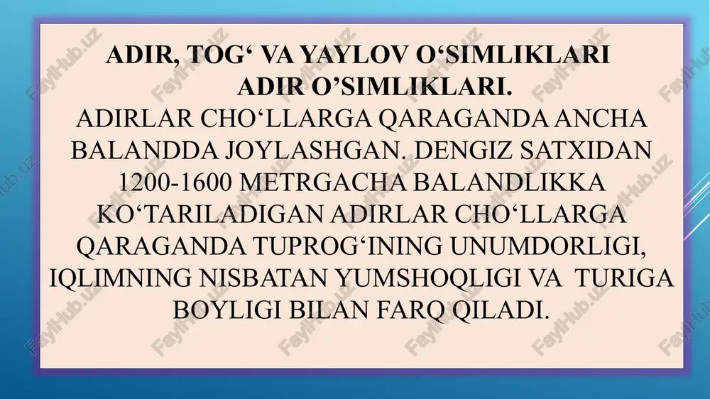 mmiak va element holidagi tuproq bakteriyalari ta’sirida azot saqlovchi organik moddalar va ammiak asta-sekin nitrat kislota tuzlariga aylanadi, undan yuksak o’simliklar mineral oziqlanadi. /docprops/thumbnail.jpeg mavzu: o°zbekistonning o'simlik qoplaml