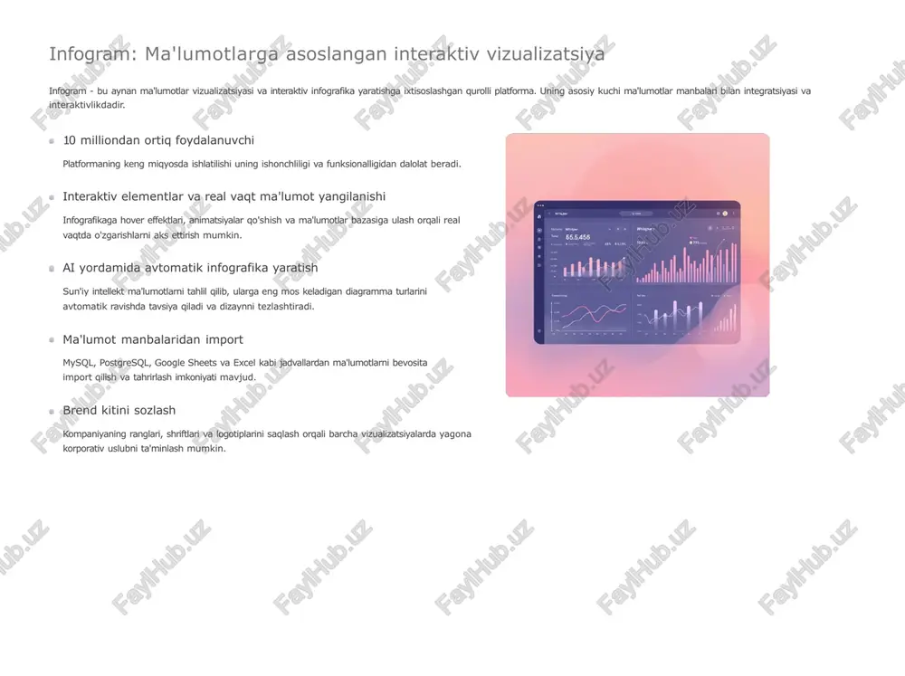 tekshiring. vizual va matn muvozanatini saqlash juda ko'p matn o'quvchini charchatadi, juda ko'p vizual elementlar esa chalkashlikka olib keladi. optimal muvozanatni toping. qisqa va aniq matnlar sarlavhalar, izohlar va asosiy matn qisqa, aniq va ma'lumotga boy bo'lishi kerak. infografika matnli hisobot emas. ranglar va shriftlarni to8g8ri tanlash ranglar sxemasi brendingizga mos kelishi va kontrast etarli bo'lishi kerak. shriftlar o'qilishi oson bo'lishi shart. infografikani qanday targ8ib qilish mumkin? eng zo'r infografika ham agar uni hech kim ko'rmasa, o'z qiymatini yo'qotadi. targ'ibot strategiyasi infografikaning maksimal auditoriyaga yetib borishini ta'minlaydi. ijtimoiy tarmoqlarda ulashish facebook, instagram, linkedin, pinterest va twitter kabi platformalarda maxsus optimallashtirilgan versiyalarini joylashtiring. har bir platformaga mos o'lcham va kirish matni tayyorlang. blog va veb-saytga joylashtirish infografikani uning yaratilishiga asos bo'lgan matnli blog postiga qo'shish, veb-saytingiz trafigini oshirishga yordam beradi. email marketingda foydalanish axborot byulletenlariga infografika suratini joylashtirish va o'quvchilarni to'liq versiya uchun veb-saytga yo'naltirish konversiyani oshiradi. prezentatsiya va hisobotlarda qo8llash …